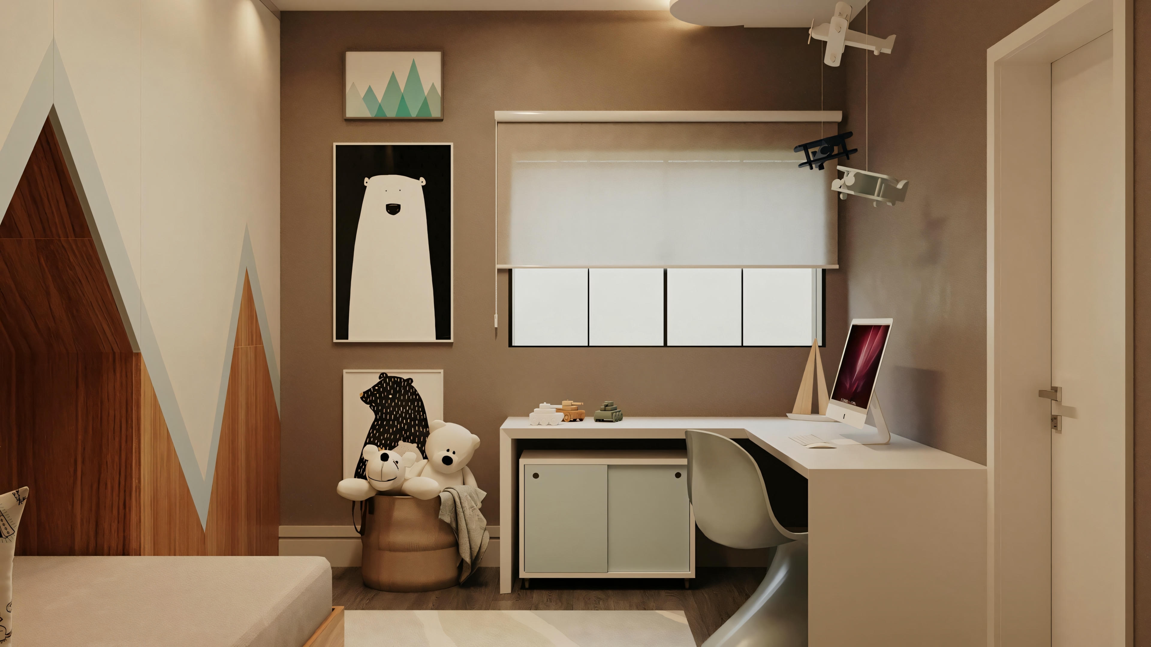 Um escritório com mesa e cadeira, prateleiras na parede e um quadro branco ou tela.