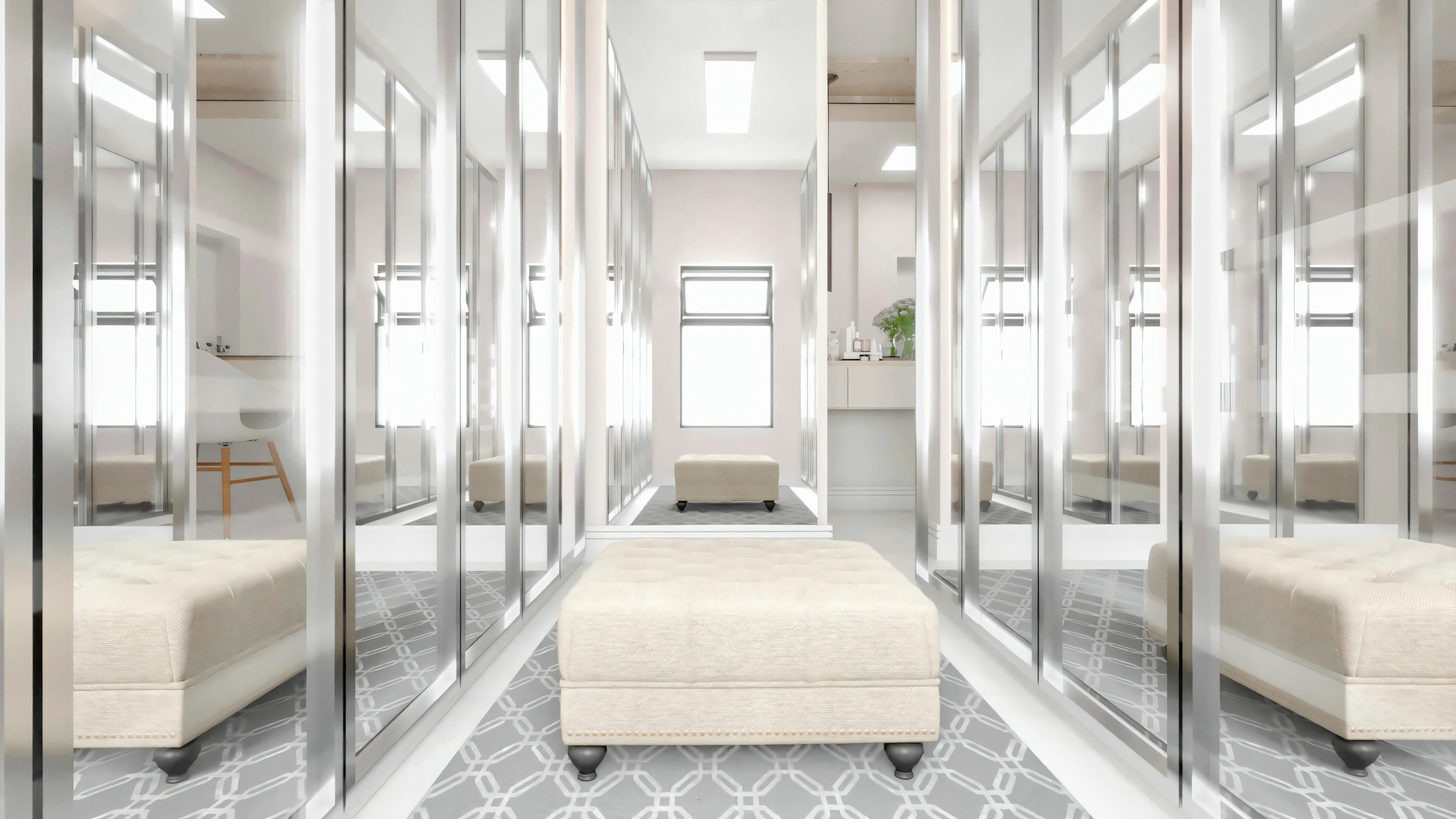 Um espaço interior simétrico, possivelmente um corredor ou sala, com superfícies reflexivas criando um padrão repetitivo. No centro, há um banco ou sofá branco.