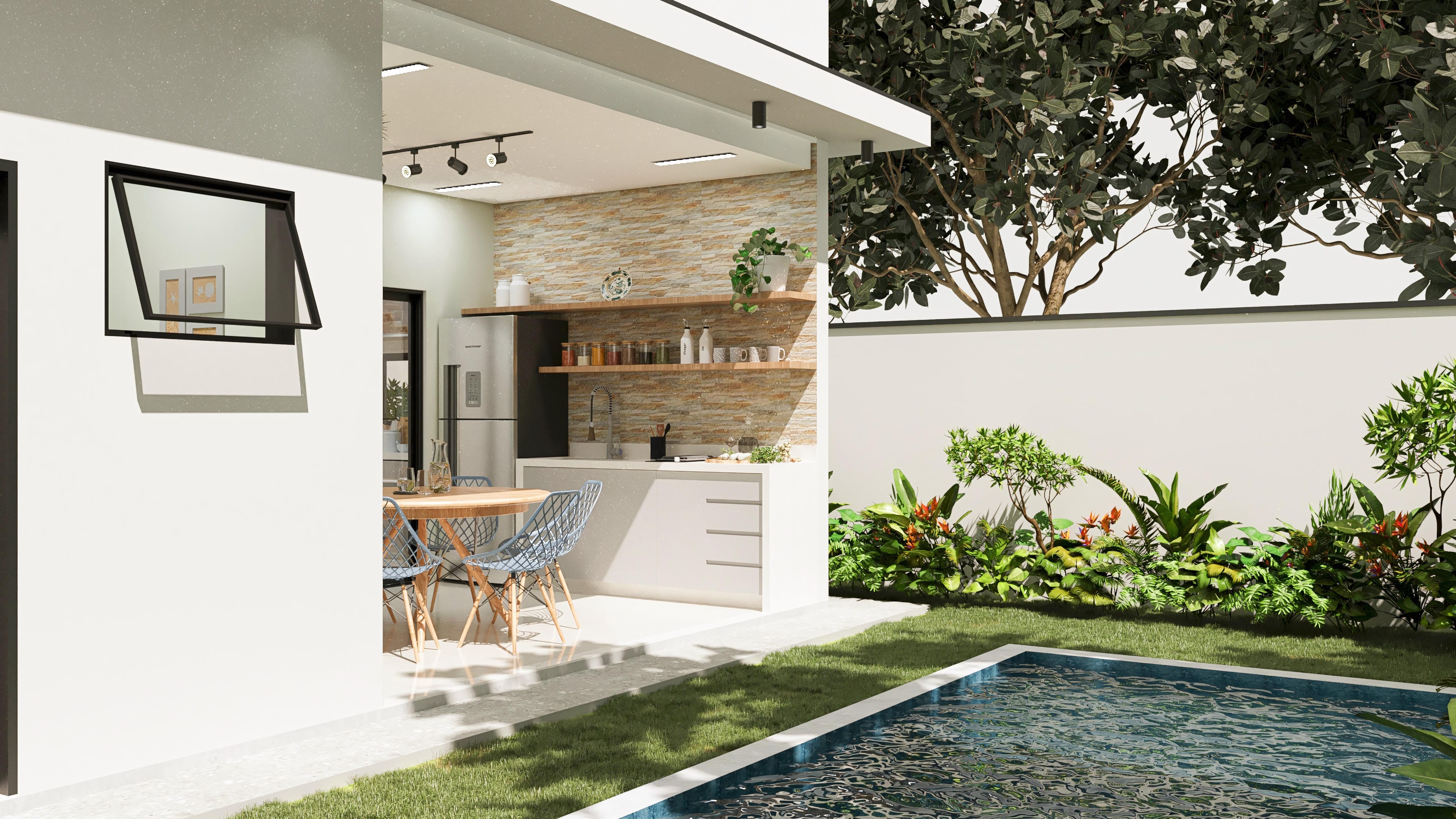Fachada moderna de casa de una planta con 3 suites, área gourmet integrada a la cocina, detalles de piedra y paisajismo exuberante.