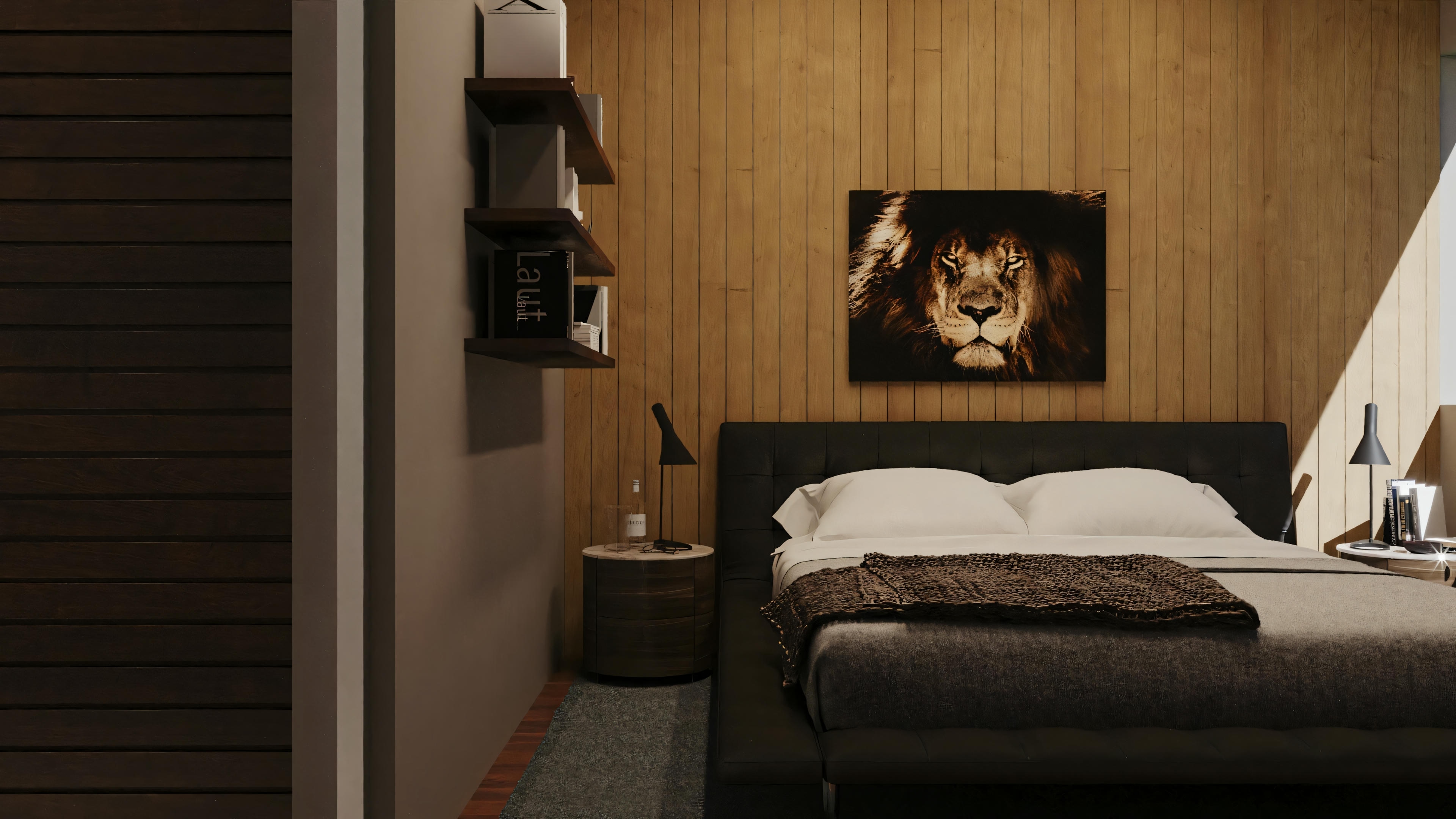 Habitación con tonos más oscuros, iluminación ambiental y detalles en madera.