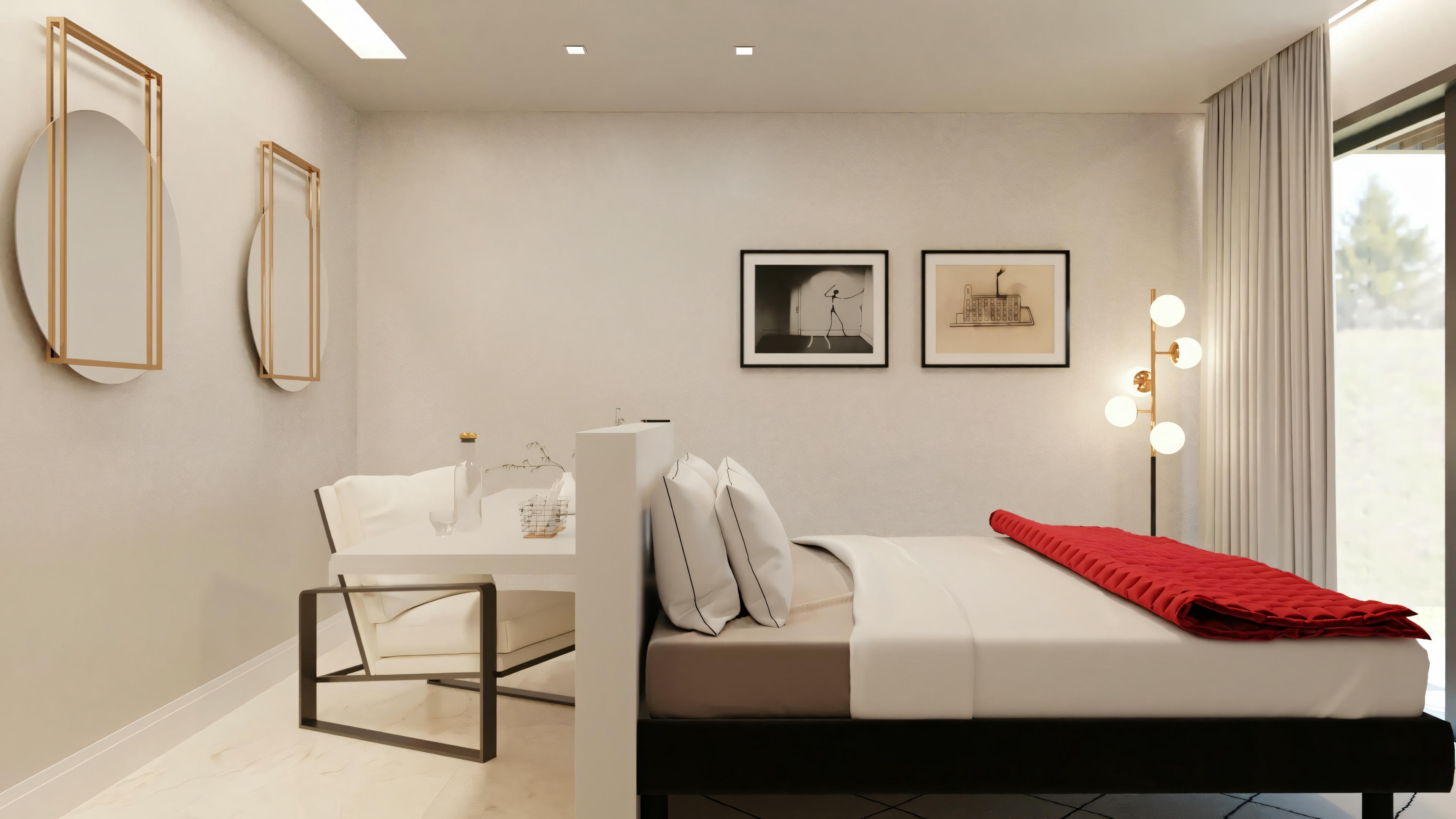 Una habitación con muebles minimalistas y un cojín rojo prominente en la cama.