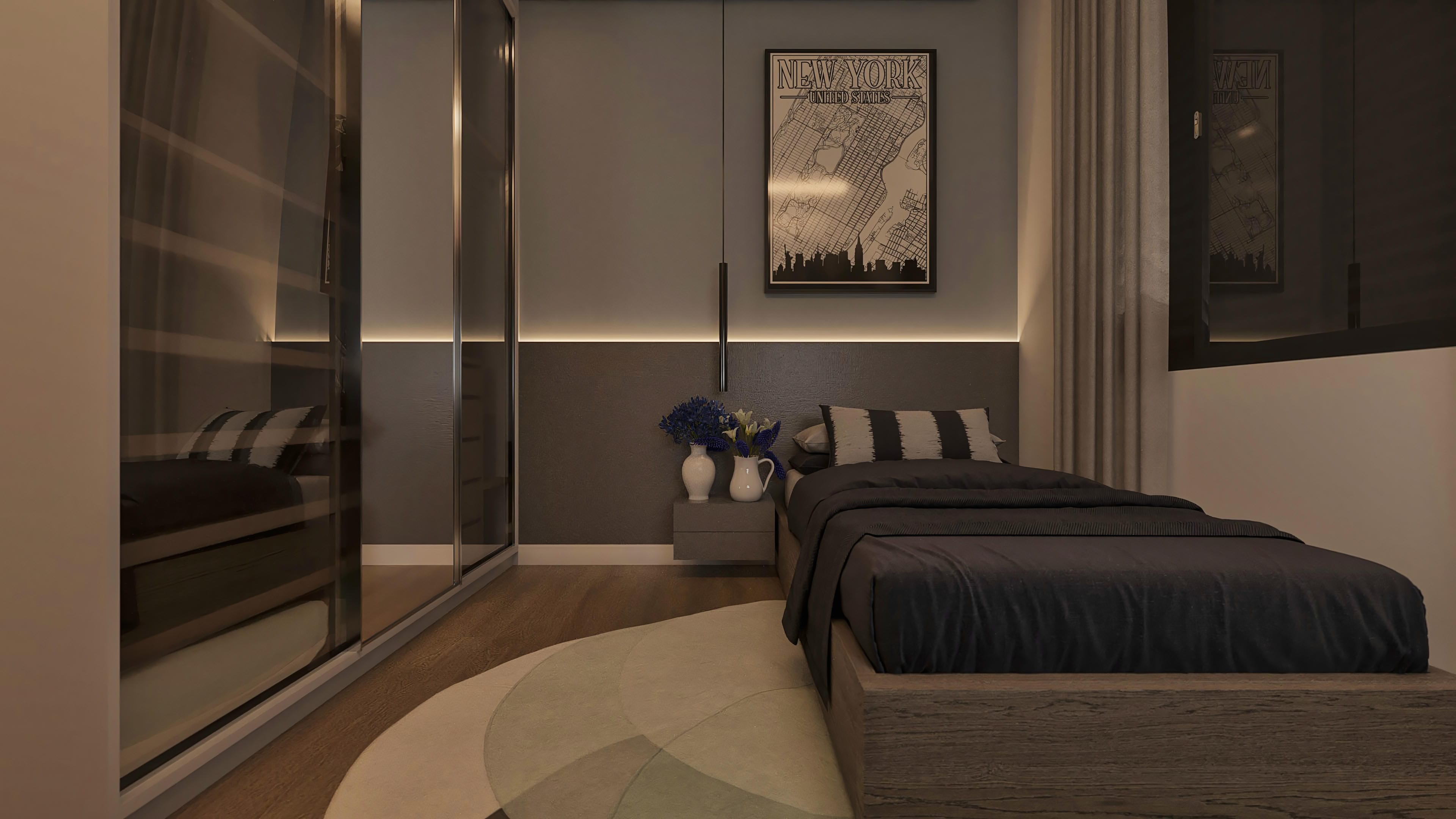 Interior de habitación con cama matrimonial en tonos oscuros, armario con espejos, decoración minimalista y un mapa de Nueva York en la pared.