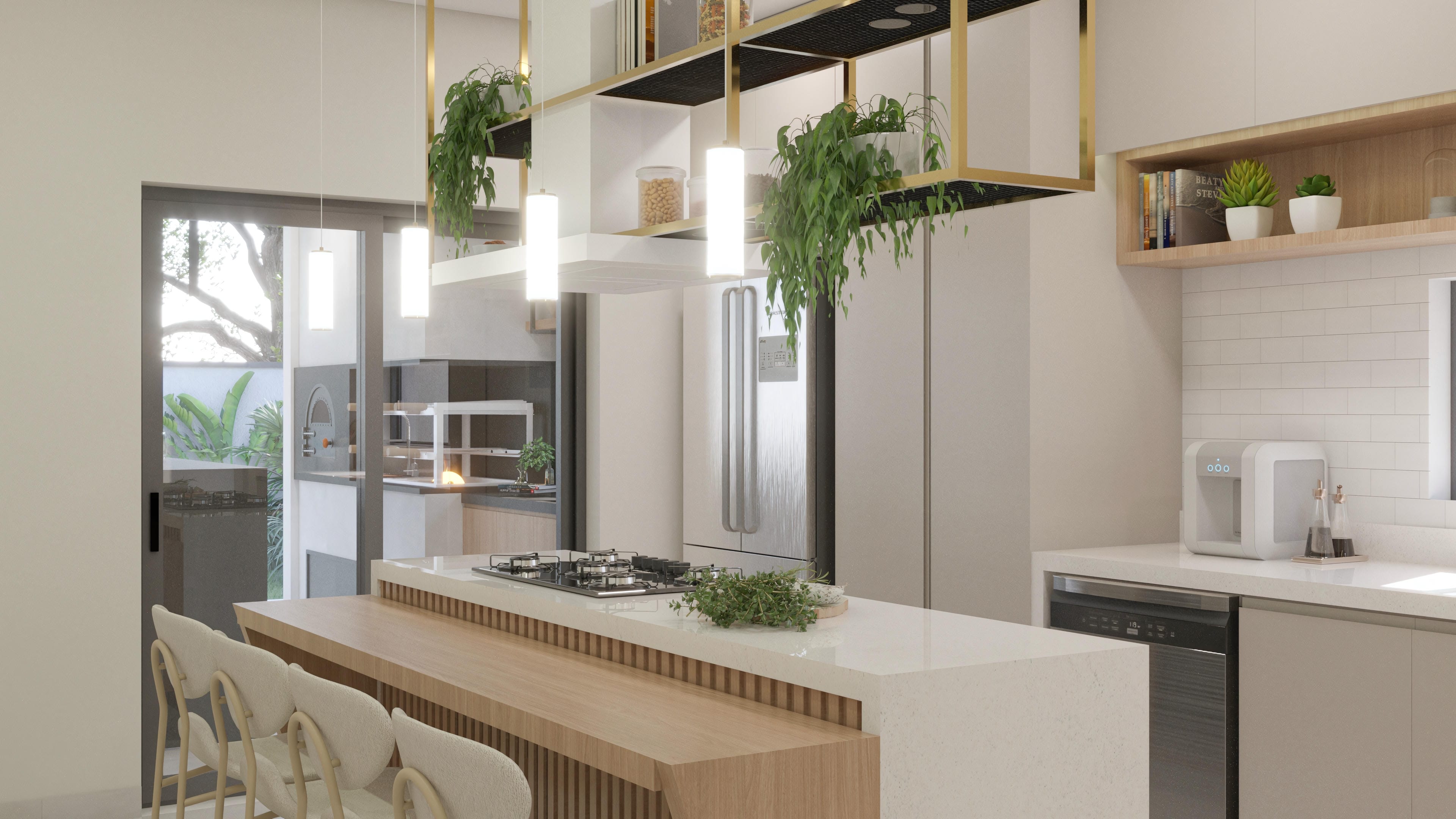 Detail of the integrated kitchen with a central island, white quartz countertop, built-in stove, and a gourmet area with a visible wood-fired oven in the background. Wooden furniture and golden details.