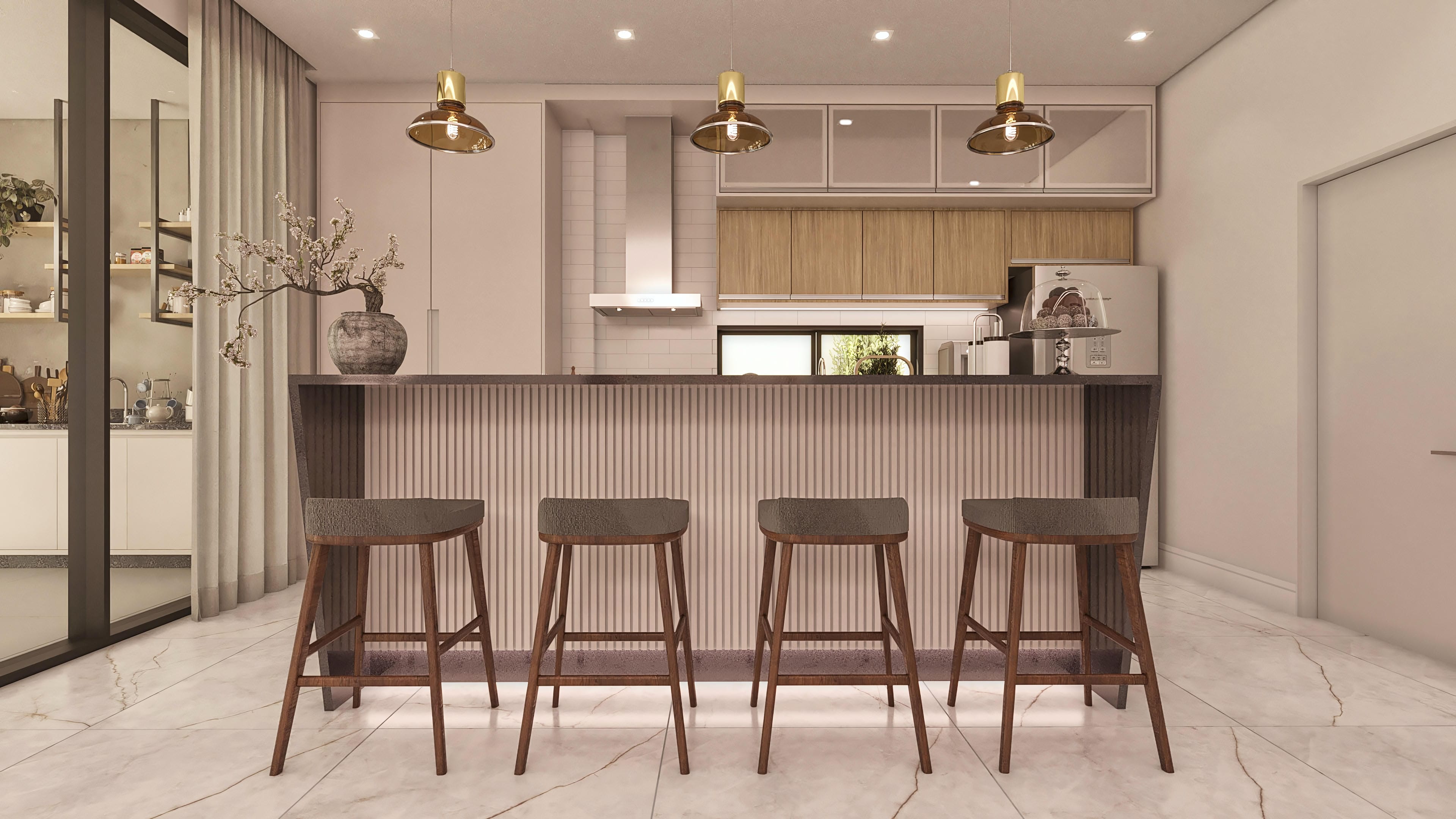 Kitchen interior with island and countertop, custom cabinets, wood details, and sophisticated lighting.