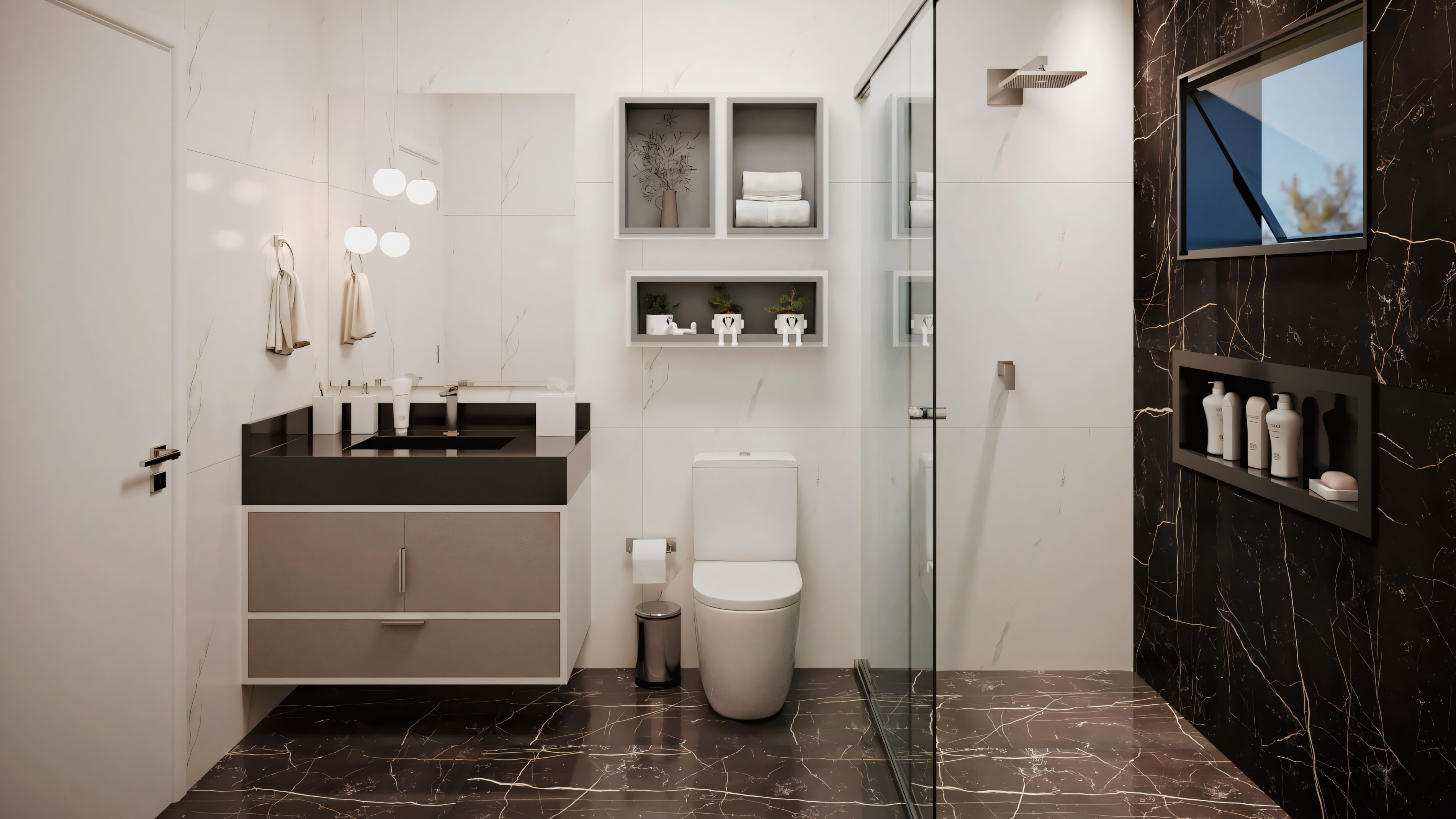 A modern bathroom with a white toilet next to a white vanity with an integrated sink.