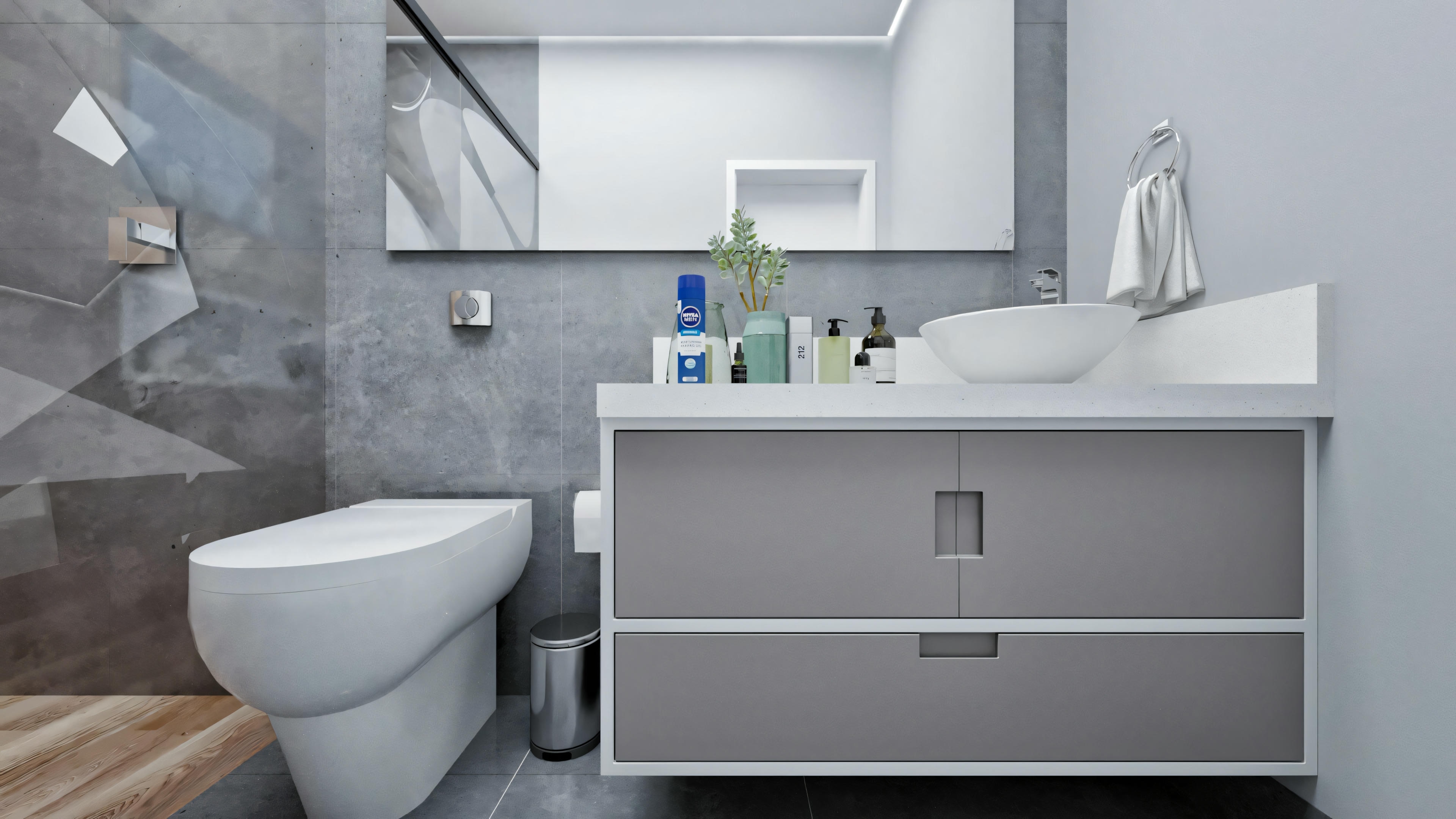 A modern bathroom with a toilet, sink, and cabinet, featuring a clean and minimalist design.
