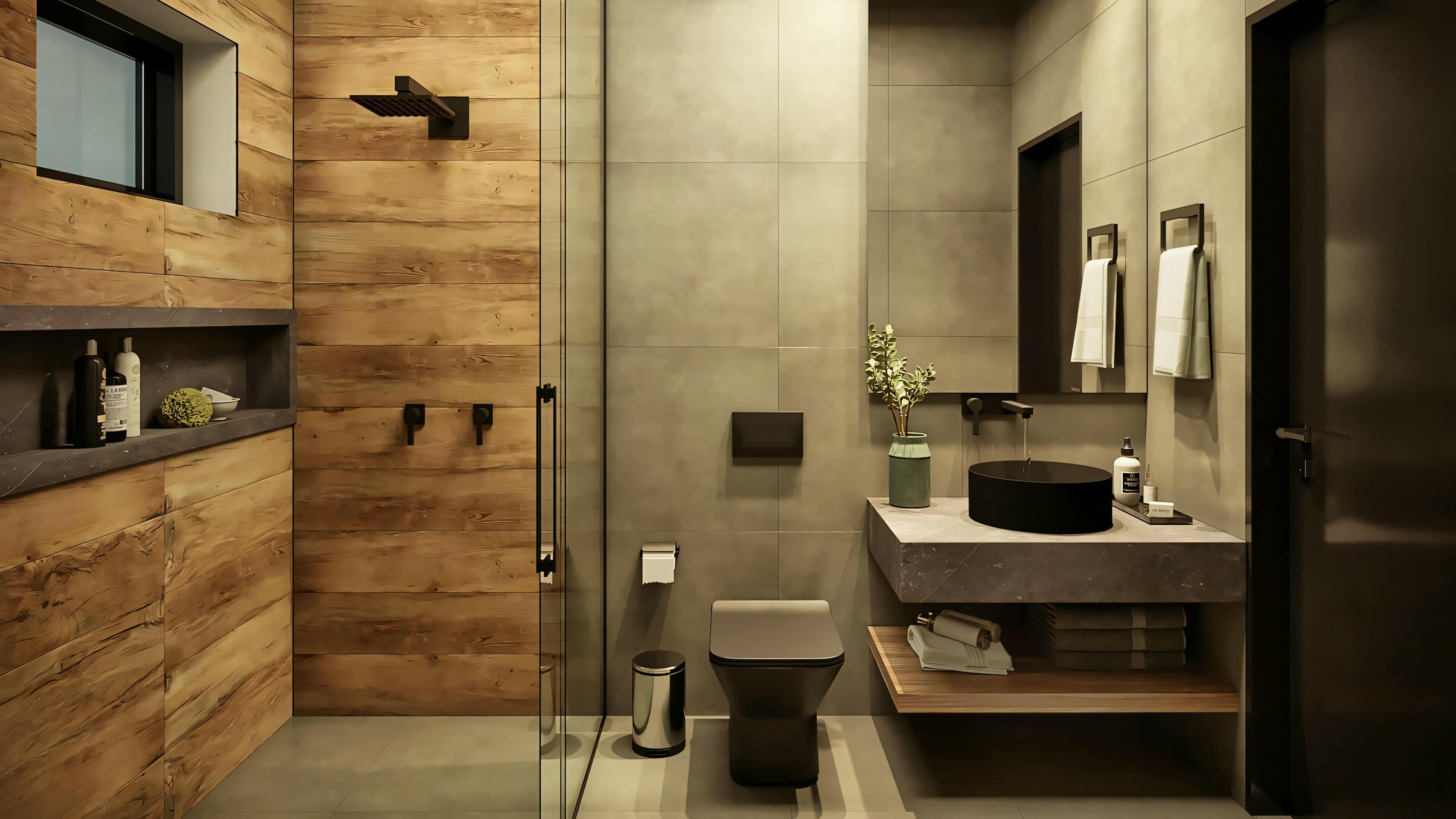 Modern bathroom with wooden cabinets, glass shower enclosure, and sophisticated finishes.