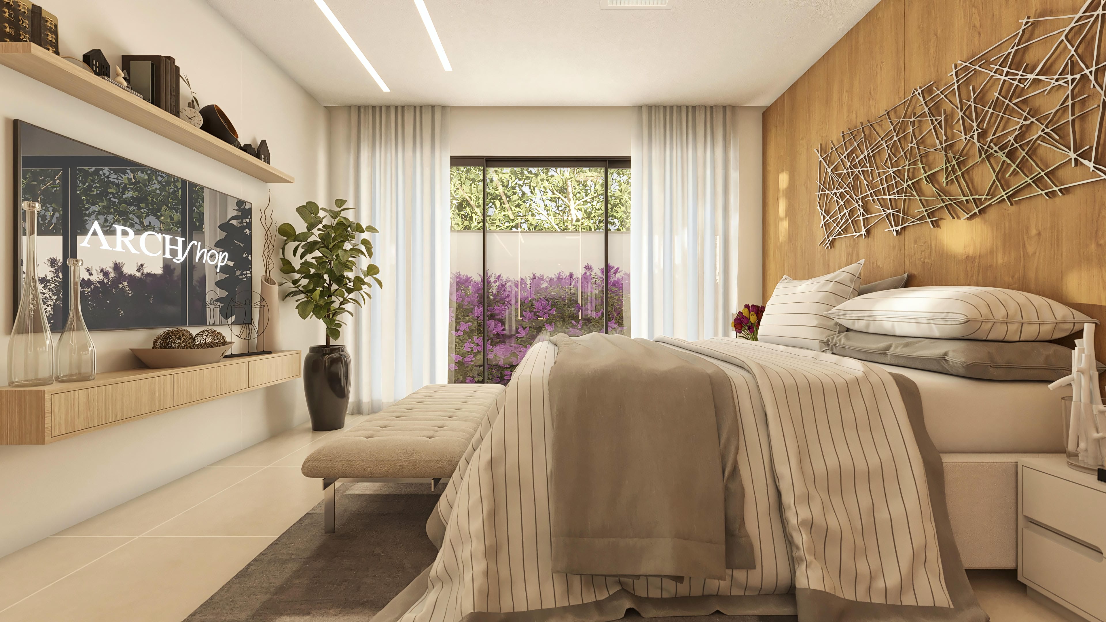 Master suite interior with a double bed, slatted wood headboard, design details, and view of a garden with purple flowers.