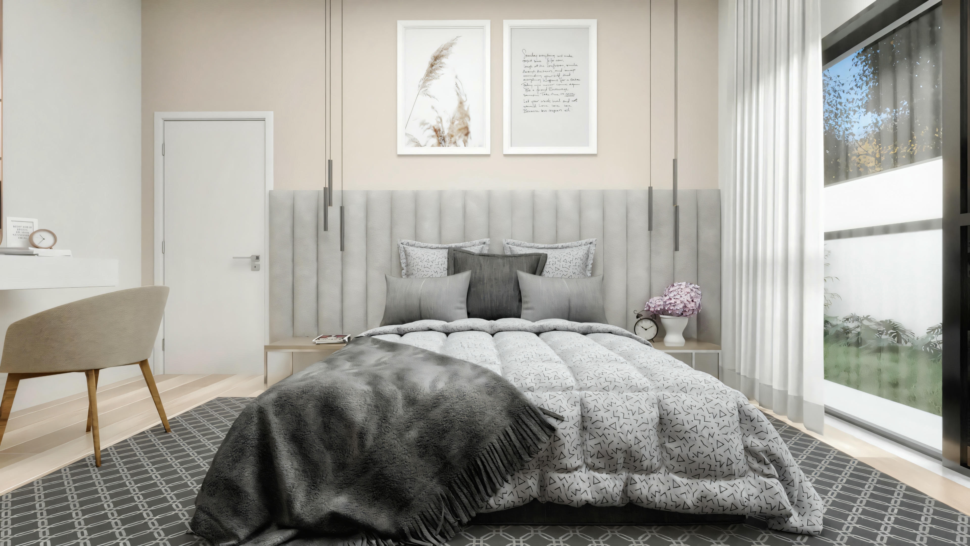 Modern bedroom with a large bed covered with a gray comforter, a window to the right, and a desk with a chair to the left.