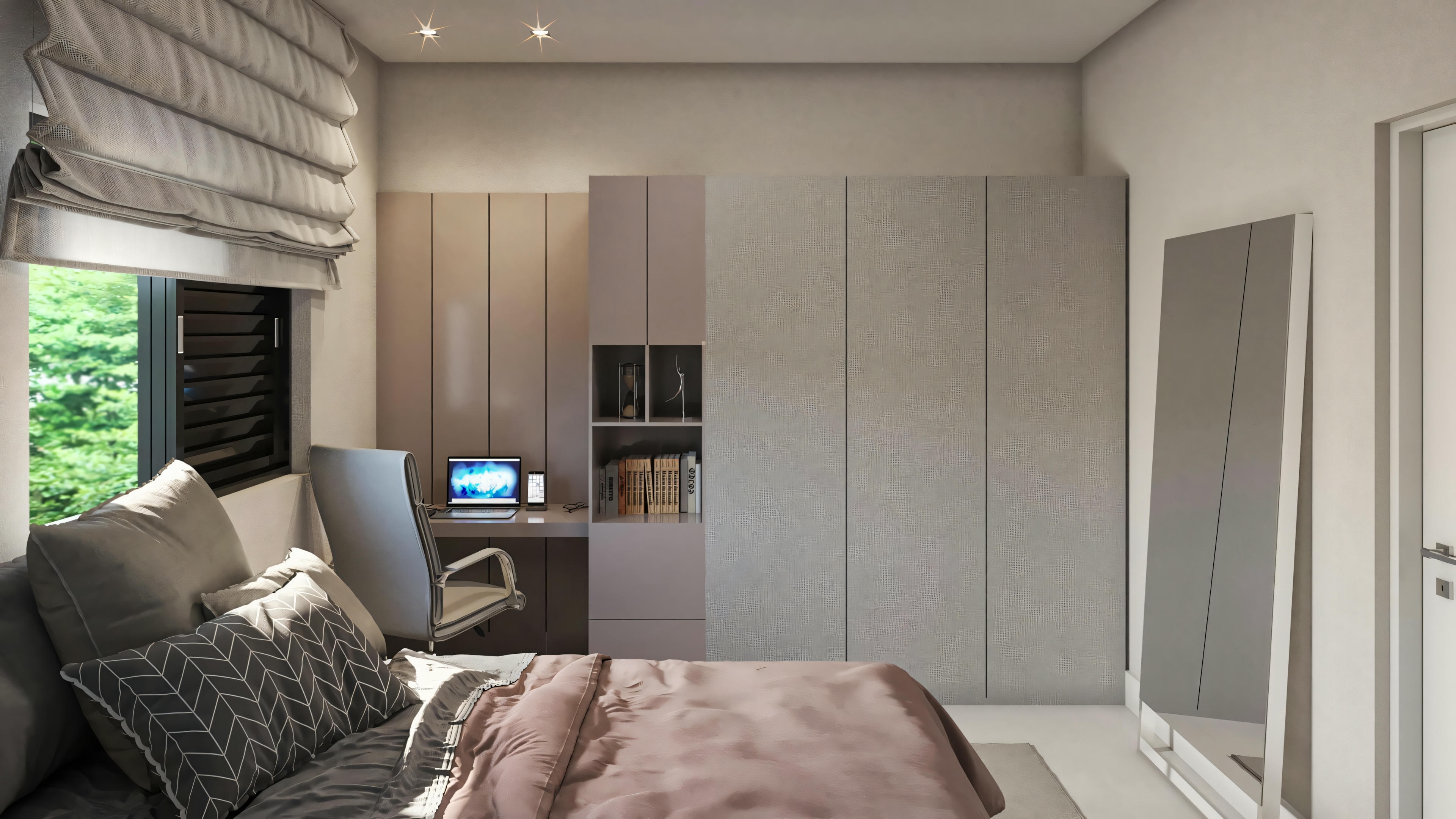 A modern bedroom with a large bed, nightstands, and a window with curtains.