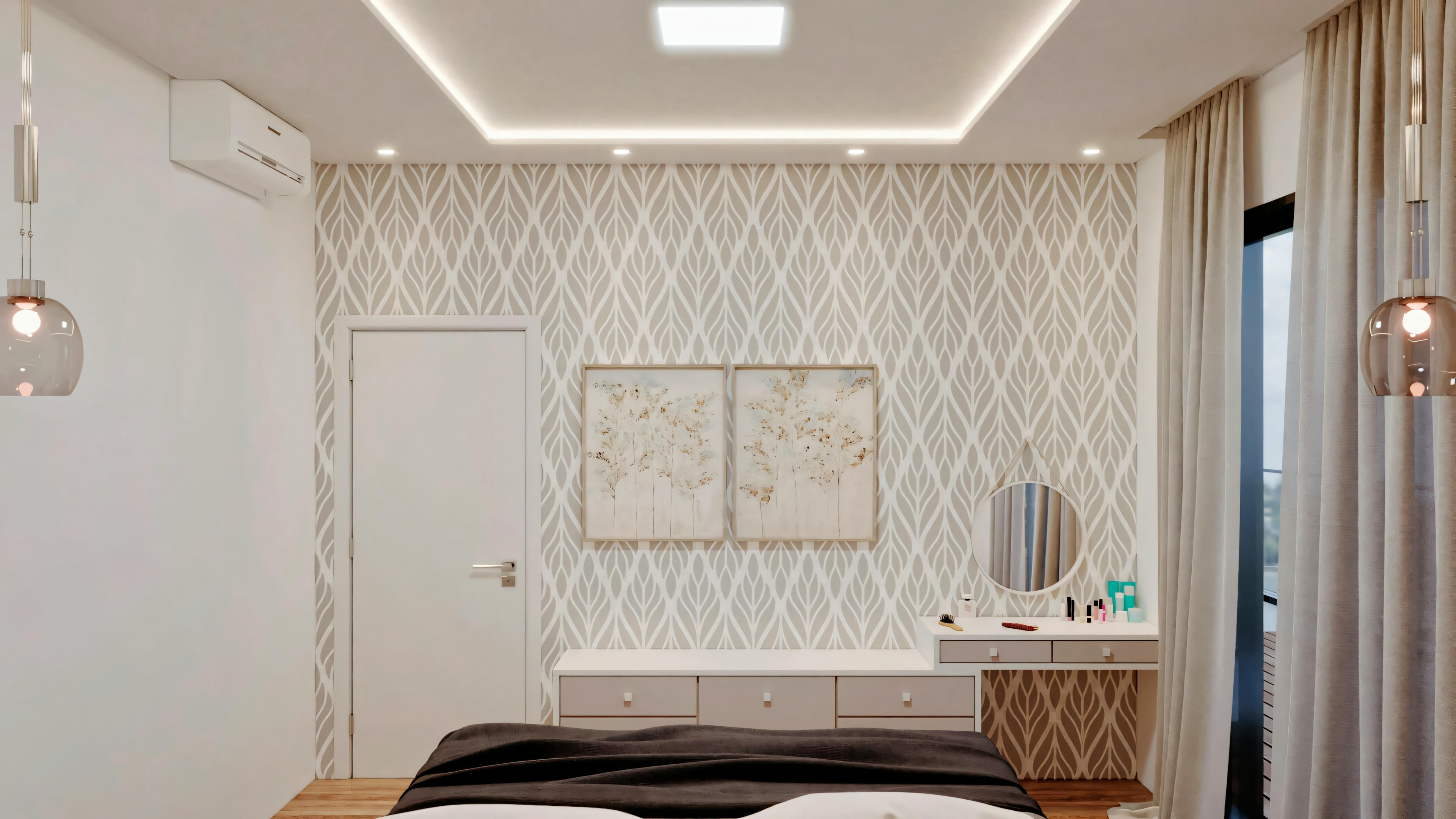 A modern bedroom with a bed, nightstands, and an intricate headboard.