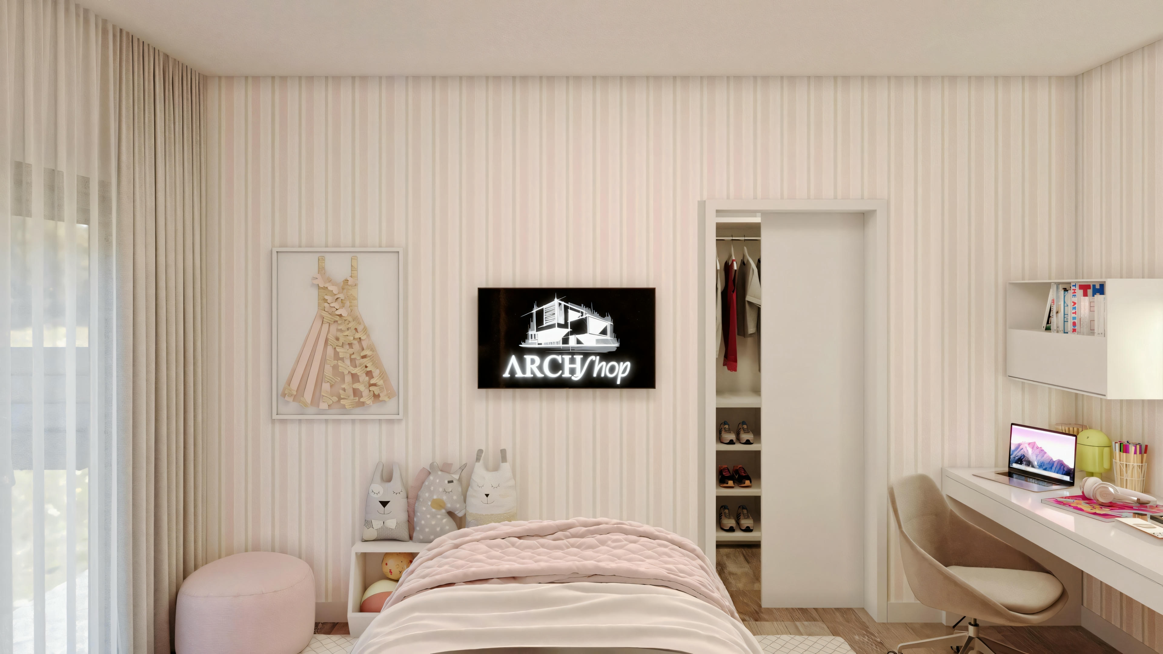 A modern bedroom with beige walls, a bed with pink bedding, a white side table with a lamp, and an open door to the right.