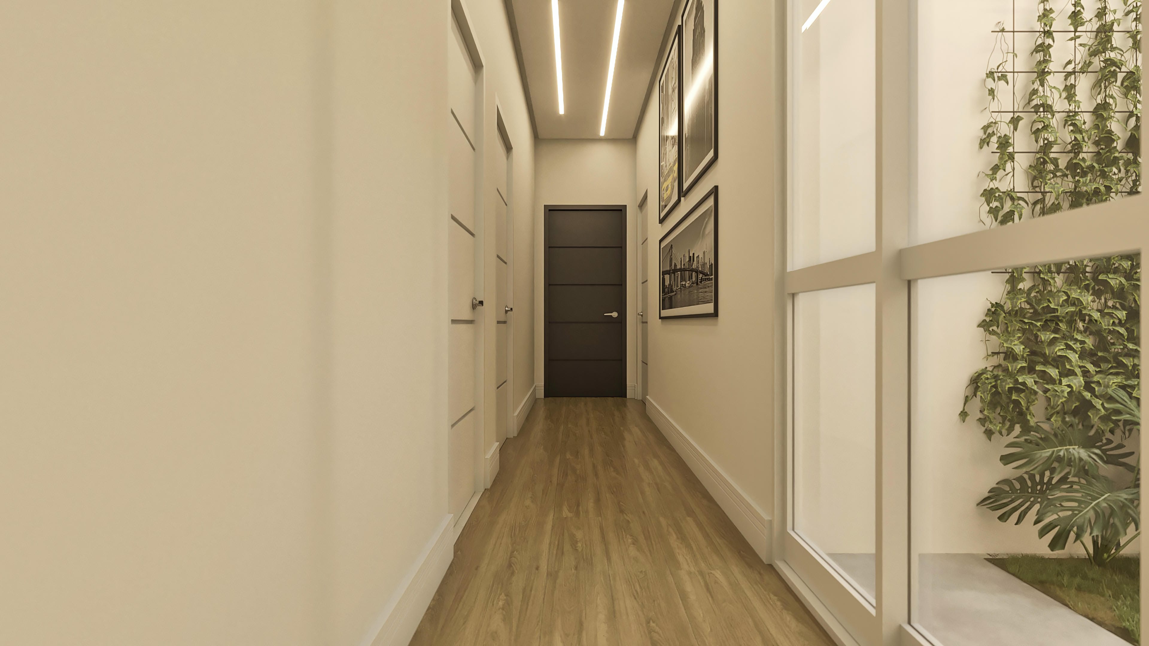 Internal hallway with wood floor, light walls, built-in LED lighting in the ceiling, and a dark door with minimalist design. To the right, a large glazed window reveals an external area with lush vegetation and a vertical garden.