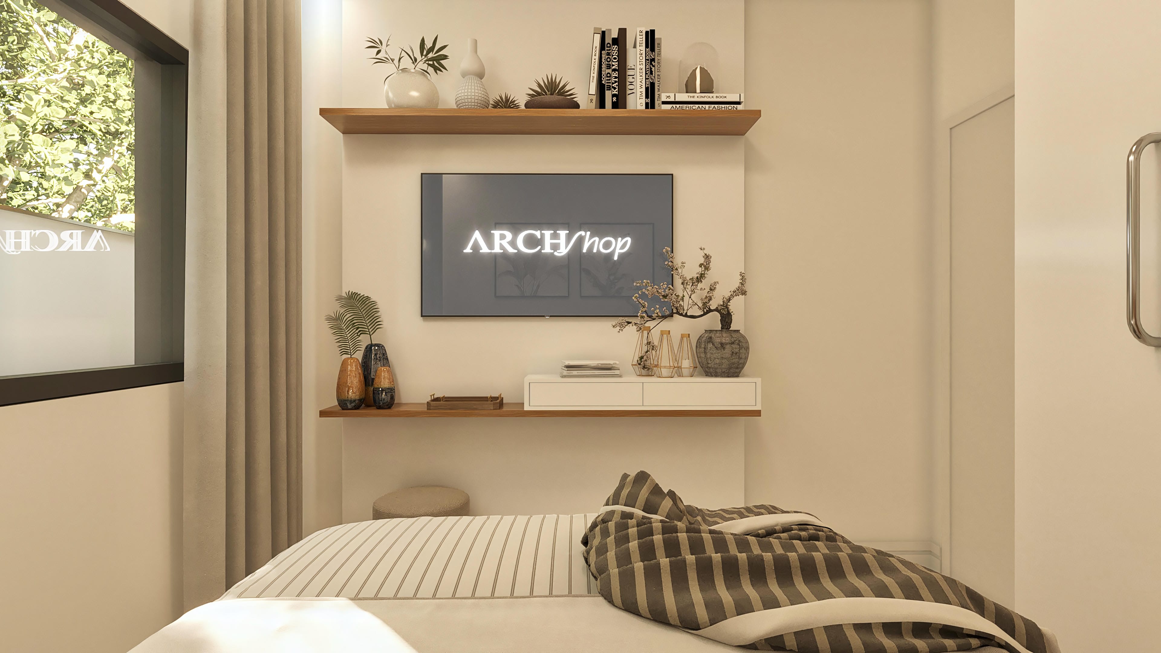 TV room with a floating wooden shelf, white niche for TV, and decoration with vases and books. Wide window with a view of a wooded outdoor area and textured curtains.