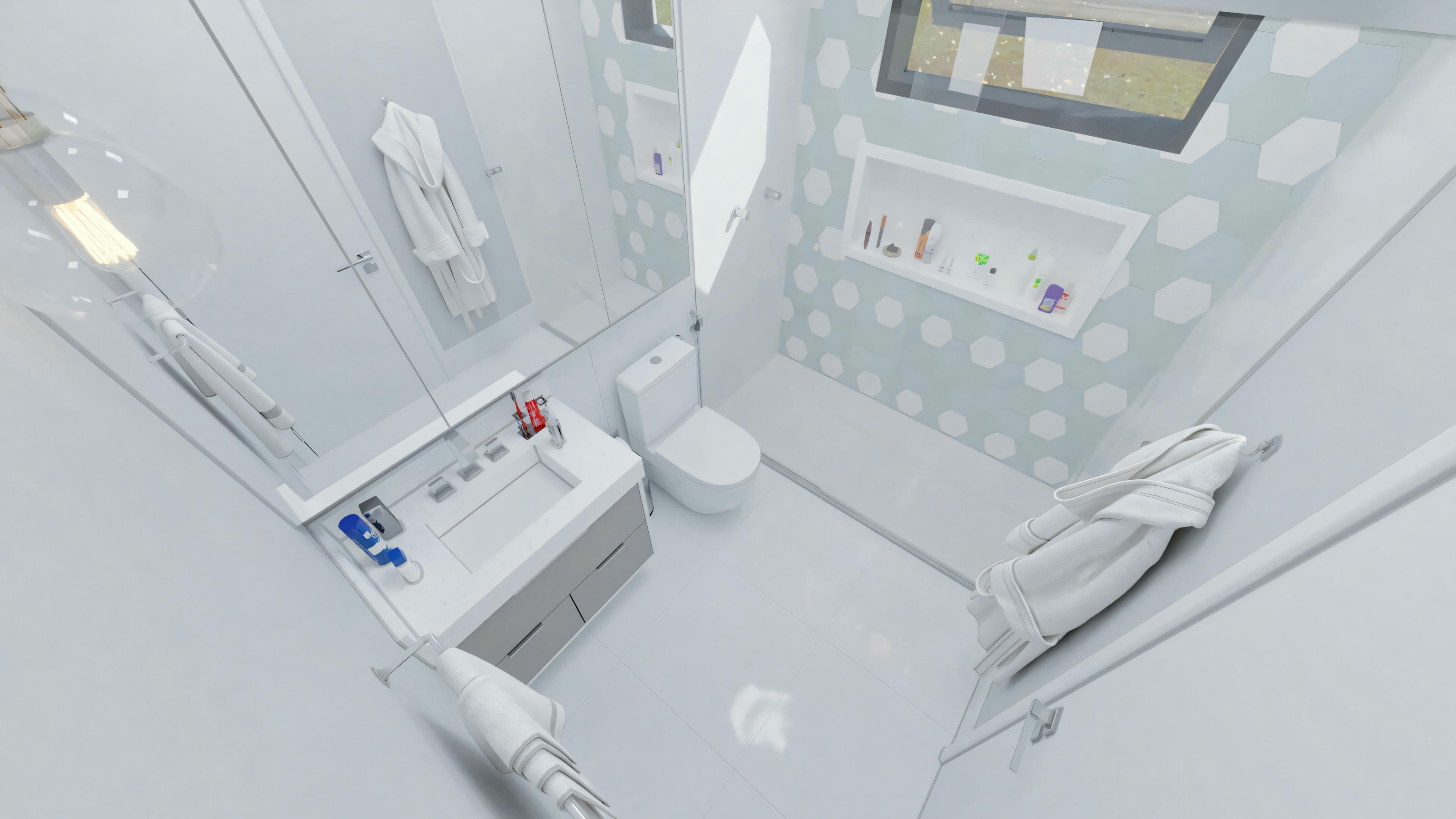 An interior space that appears to be a laboratory or medical facility, with white countertops, various equipment, and cabinets.