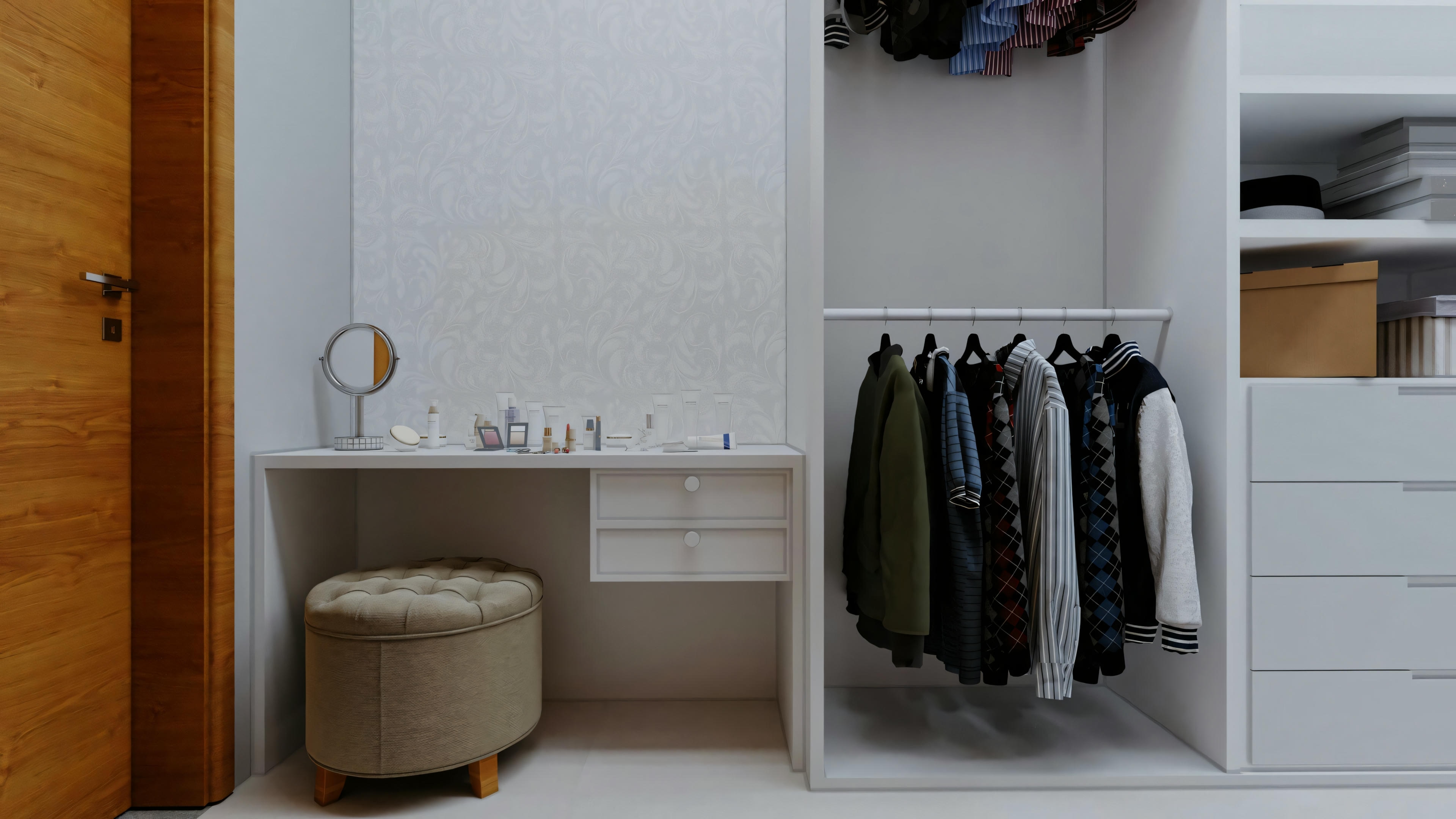 An interior space with a white shelving unit containing various compartments, some with clothes hanging on hooks.