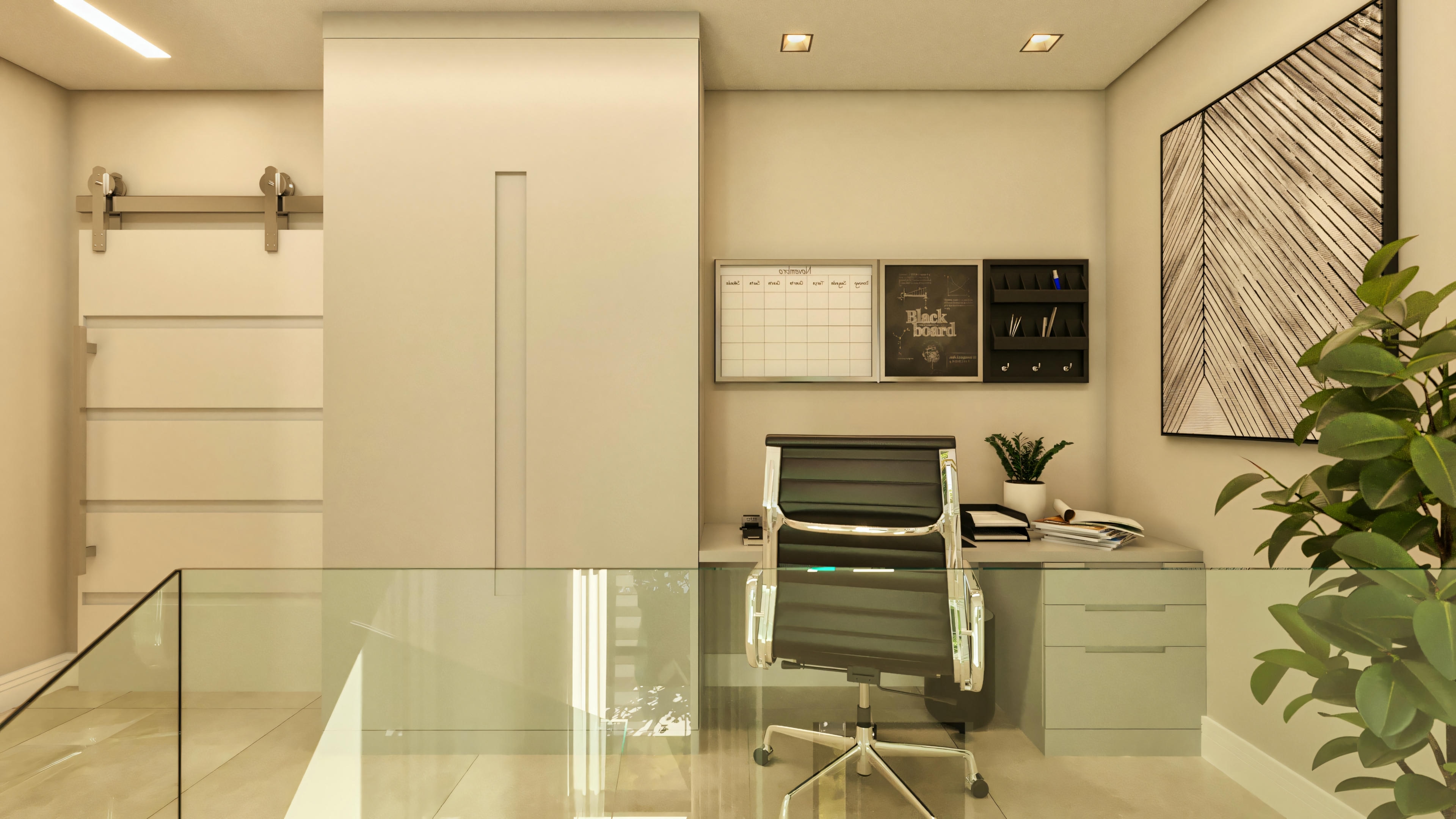 Home office planificado en casa de dos plantas moderna con 4 habitaciones, presentando encimera de trabajo, silla ergonómica, armario funcional con puerta corredera y barandilla de vidrio al fondo.