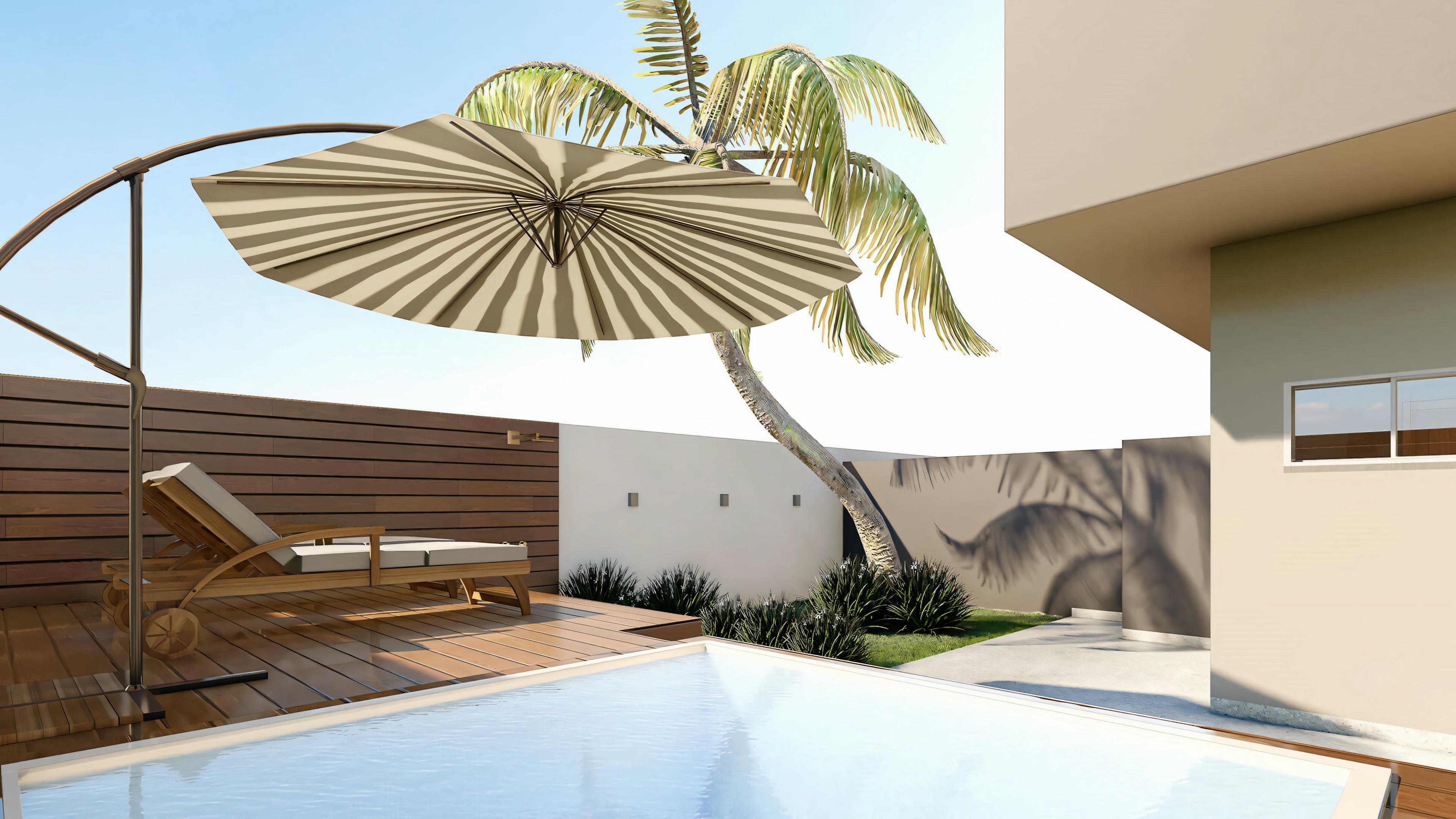 Zona de patio al aire libre con estructura en forma de hoja, piscina y muebles modernos.