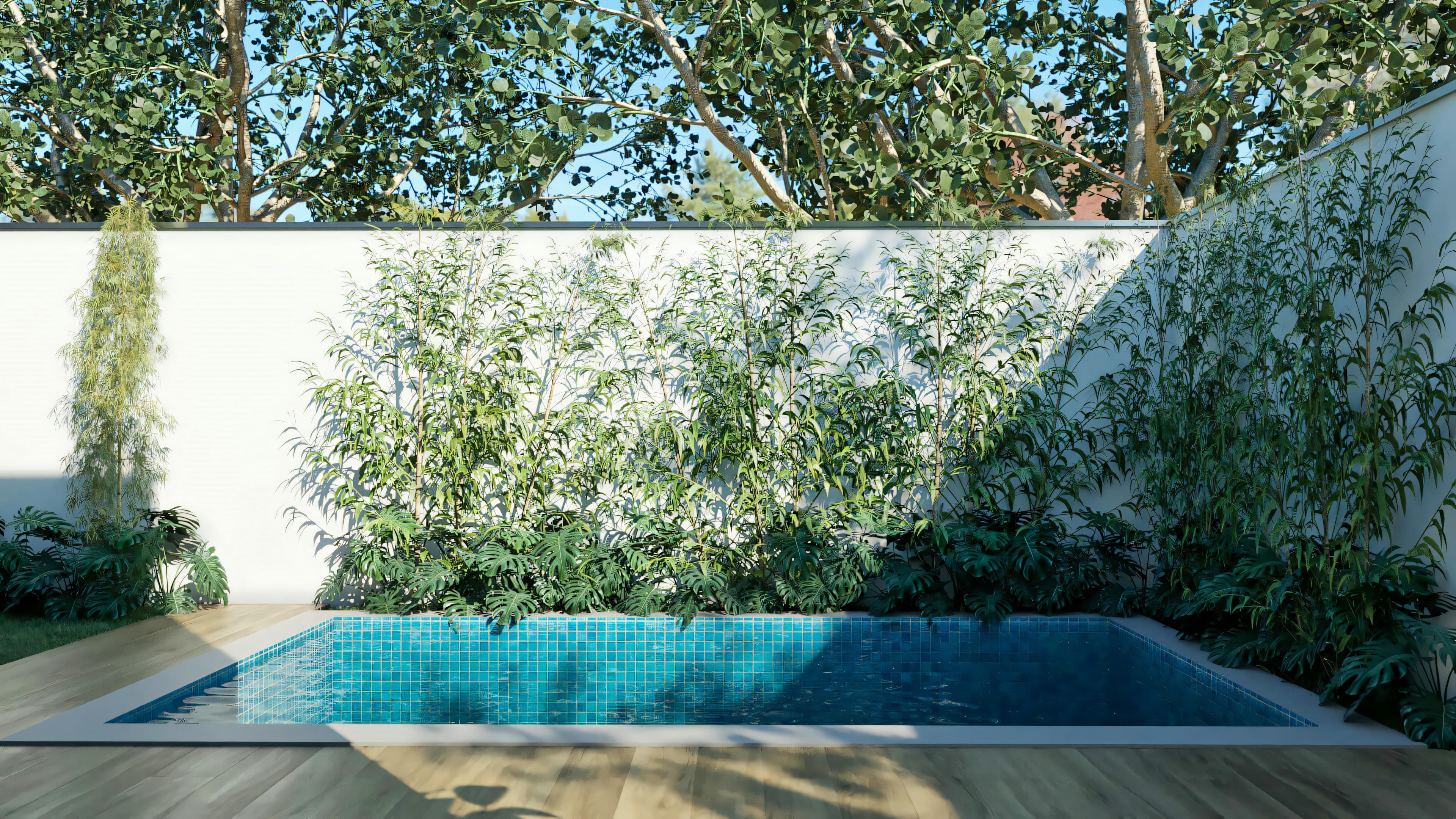 Piscina en plano de casa sencilla.