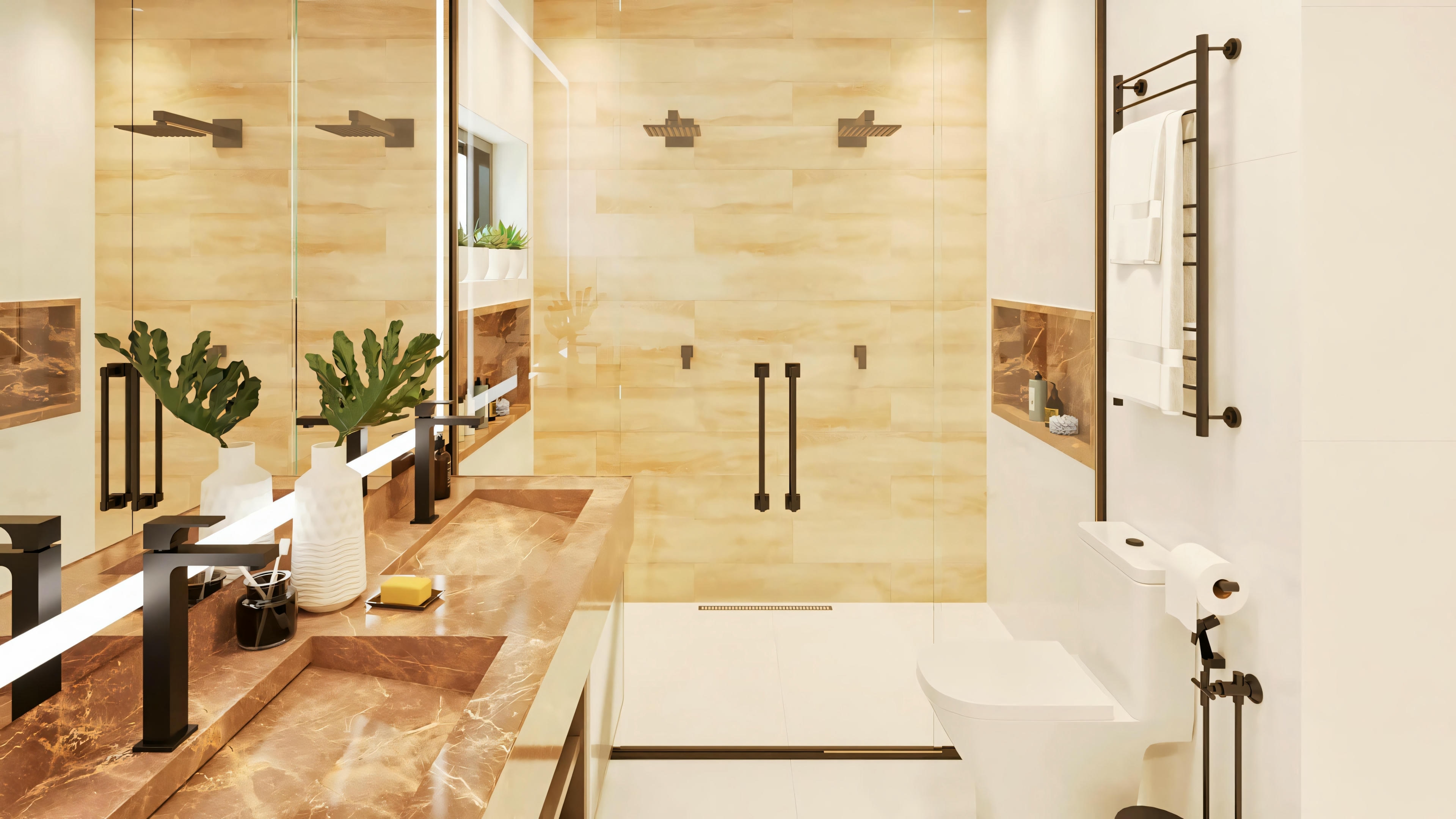Vista general del baño de la suite principal en el proyecto listo con 5 suites, mostrando mesada de lavabo doble en mármol, box de vidrio, inodoro y toallero térmico negro.