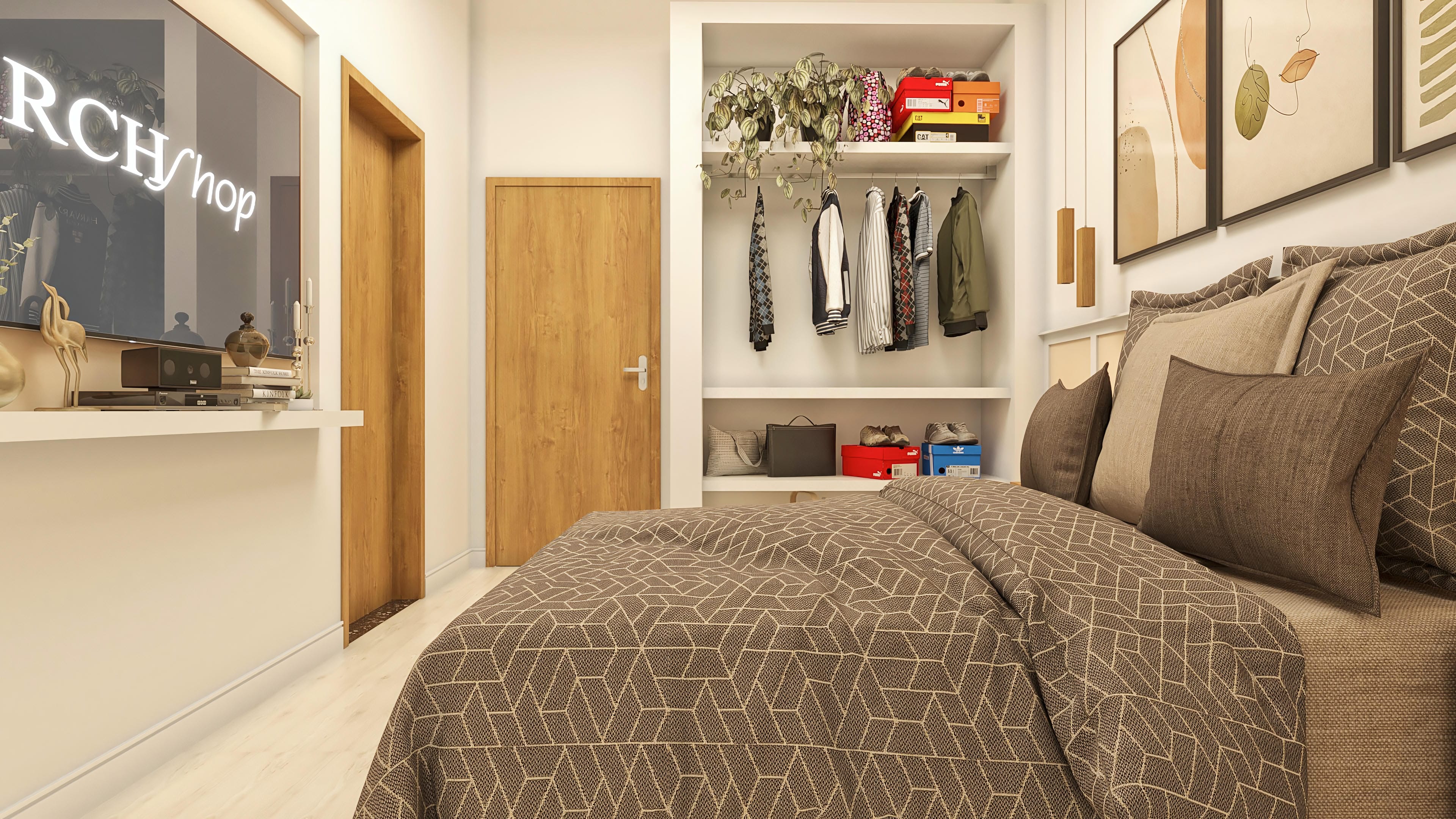 Interior de quarto com cama de casal e roupa de cama geométrica, closet aberto com roupas penduradas e prateleiras com sapatos, porta de madeira e espelho com iluminação.