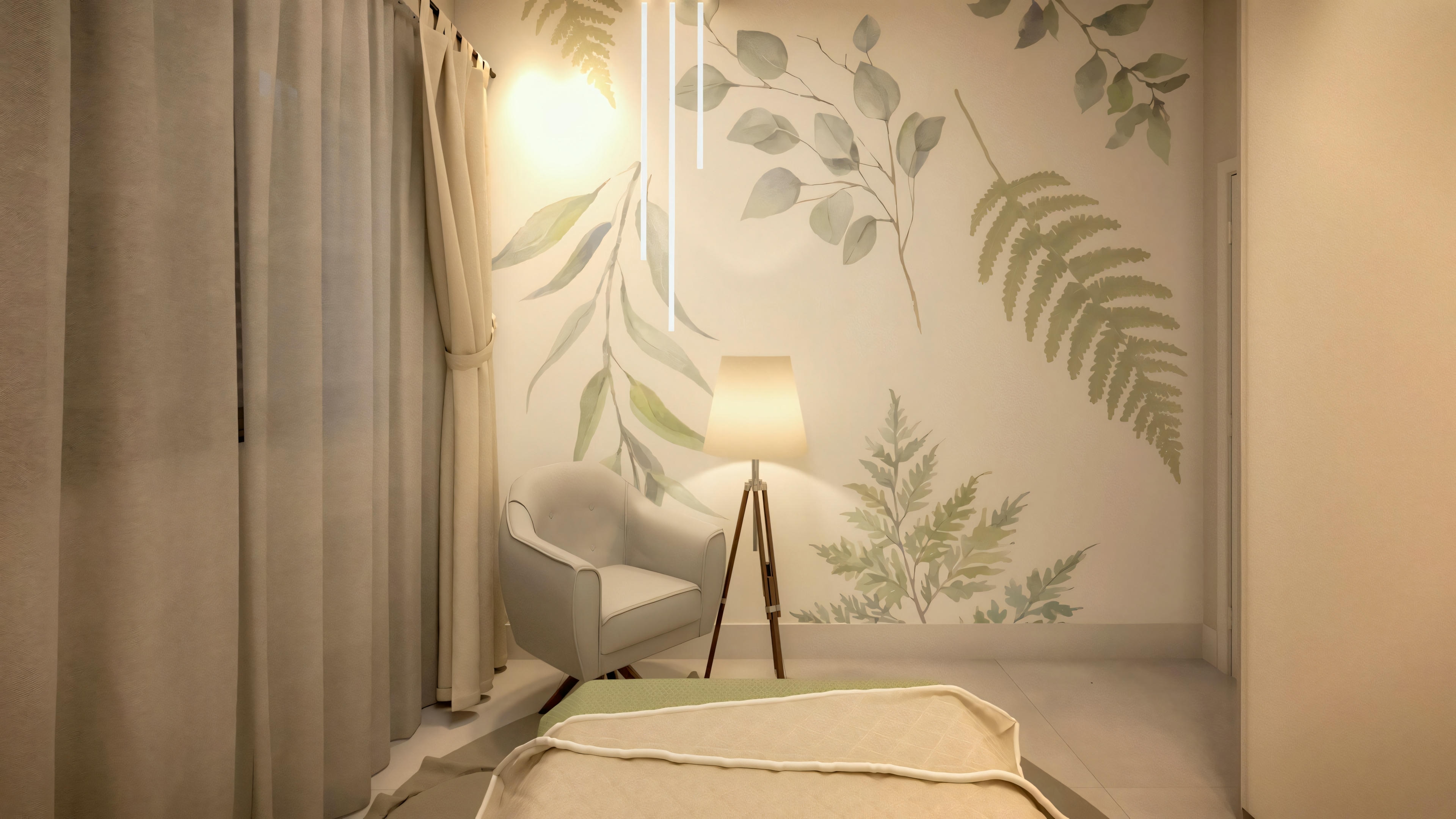 Um canto de quarto acolhedor com uma cama de roupa de cama branca, mesa de cabeceira com lâmpada e elementos decorativos na parede que lembram folhas ou galhos.