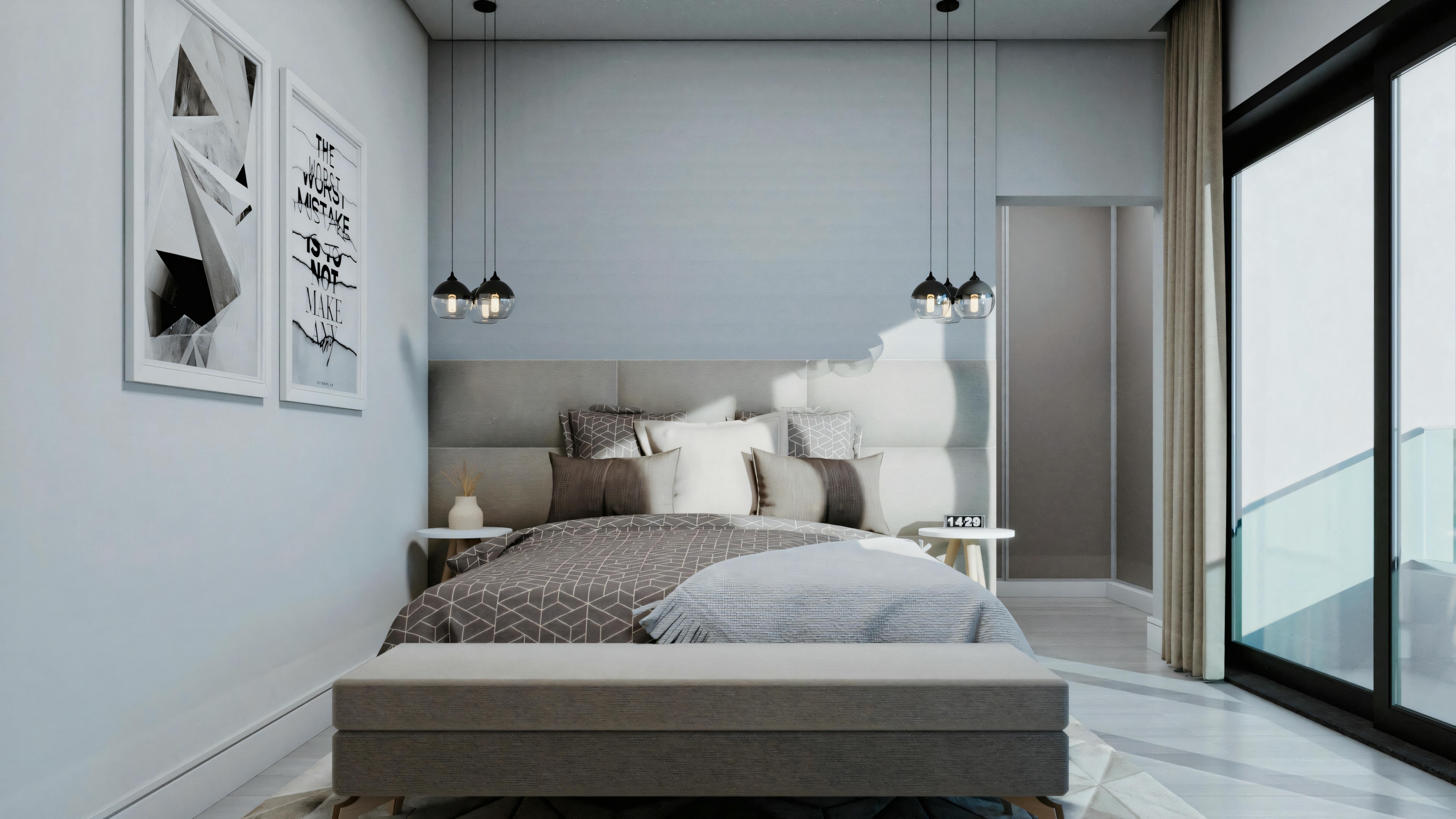 Quarto com uma cama grande, cabeceira cinza, mesas de cabeceira com abajures, uma obra de arte emoldurada acima da cama e uma grande janela que oferece luz natural.