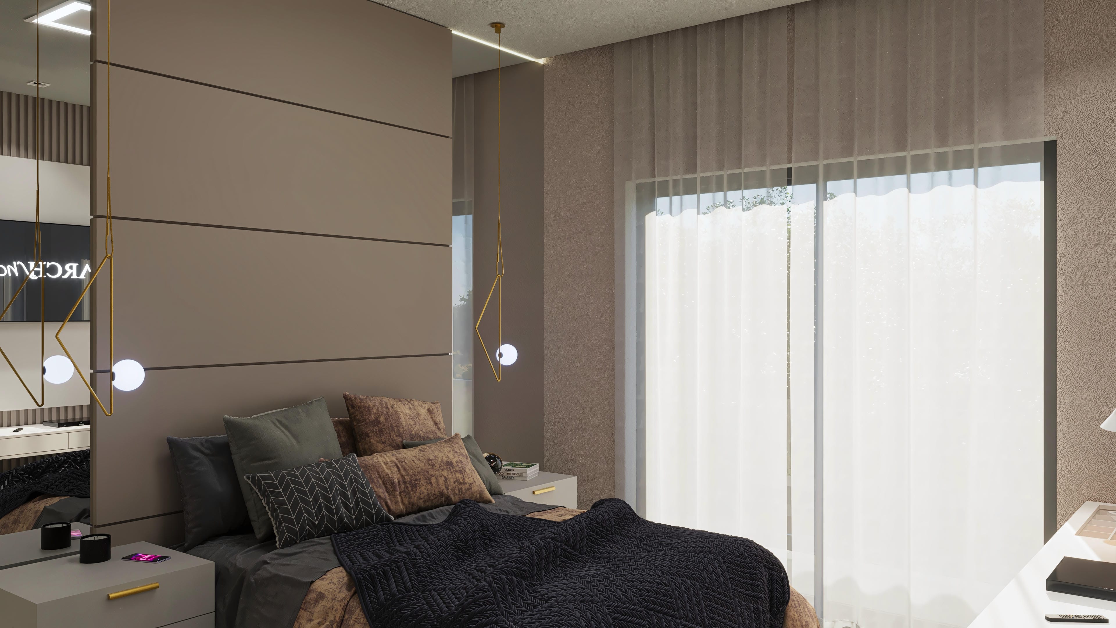 Detalhe de quarto com cama queen size, roupa de cama escura e texturizada, almofadas decorativas e cabeceira ripada em tom amadeirado claro. Iluminação indireta e lustre moderno.