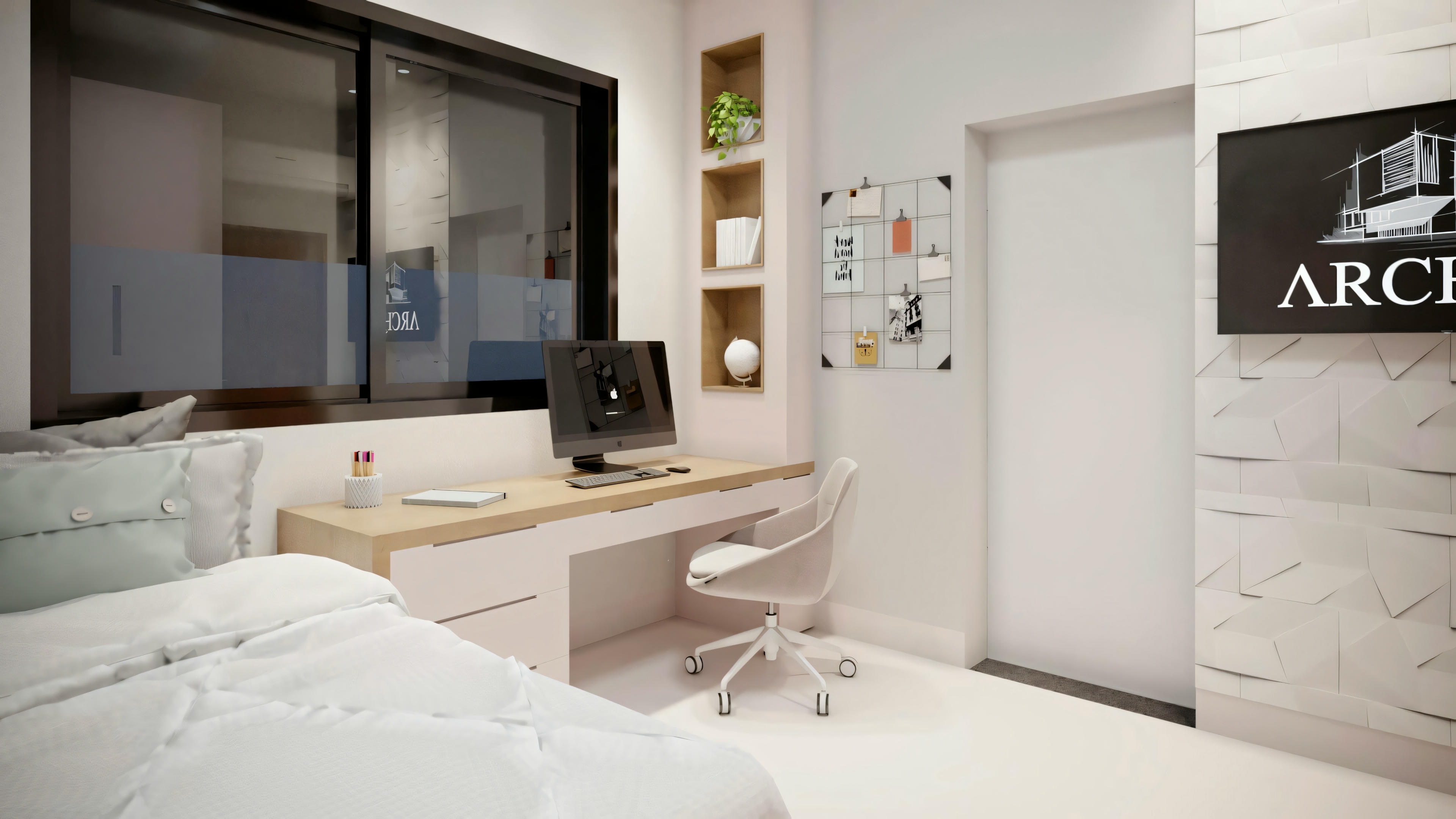 Um quarto moderno com cama de roupa de cama branca e cabeceira clara, ao lado de uma área de estudo com mesa, cadeira, prateleiras e um monitor de computador.
