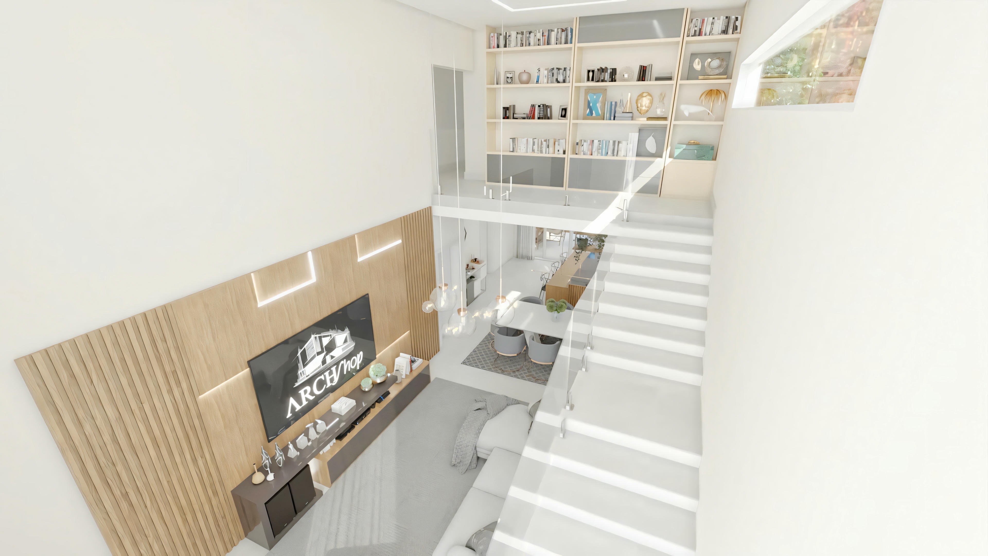 Sala de estar com pé direito alto e painel de TV em madeira, parte do projeto de casa térrea com 3 quartos e piscina. Vista superior mostrando integração com jantar e mezanino. Projeto pronto Archshop.