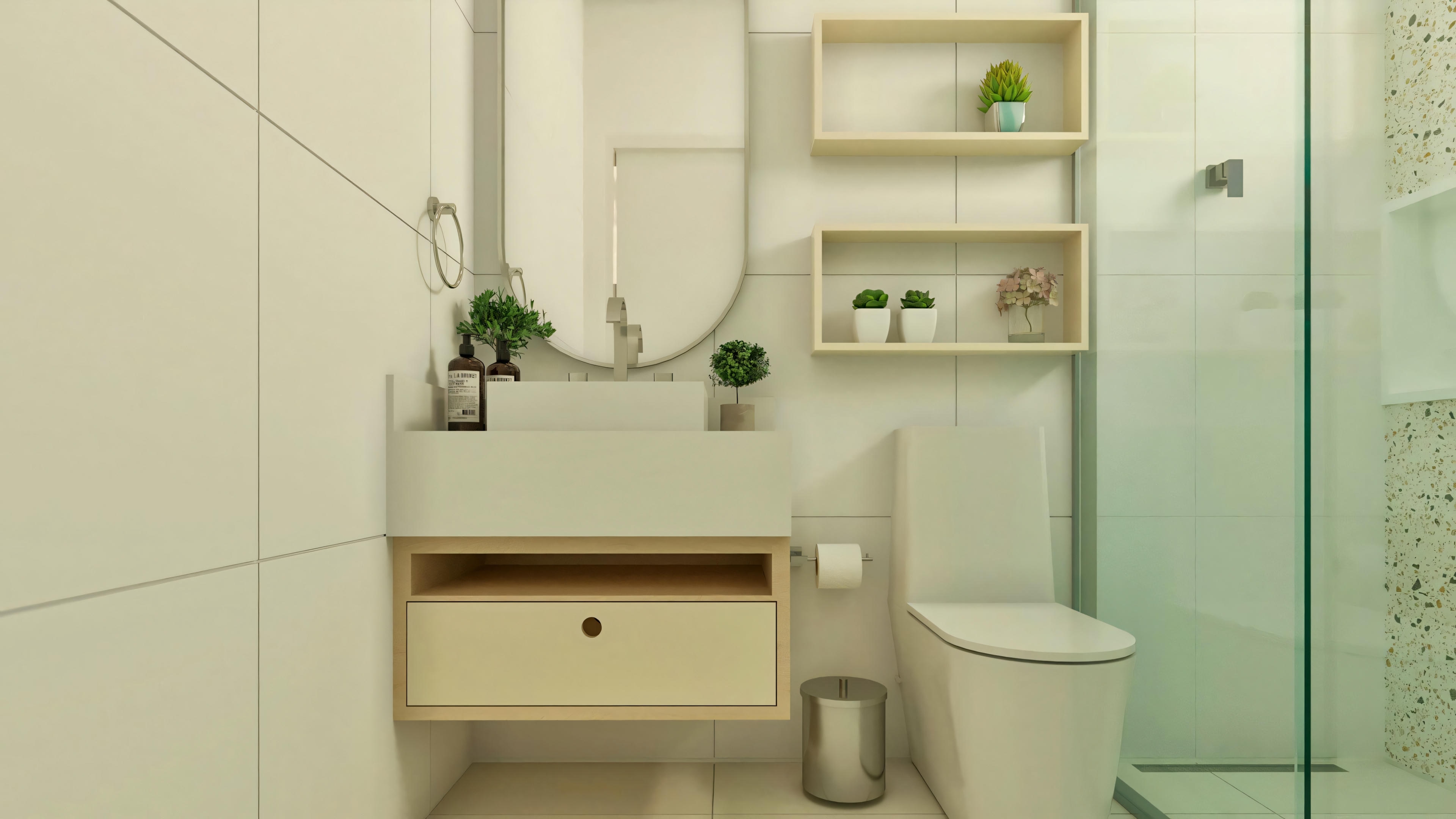 Bathroom of another suite in the 3-bedroom ranch house. Configuration with toilet, shower stall on the right, suspended light countertop with vessel sink, vertical oval mirror, and two wooden shelves on the wall.