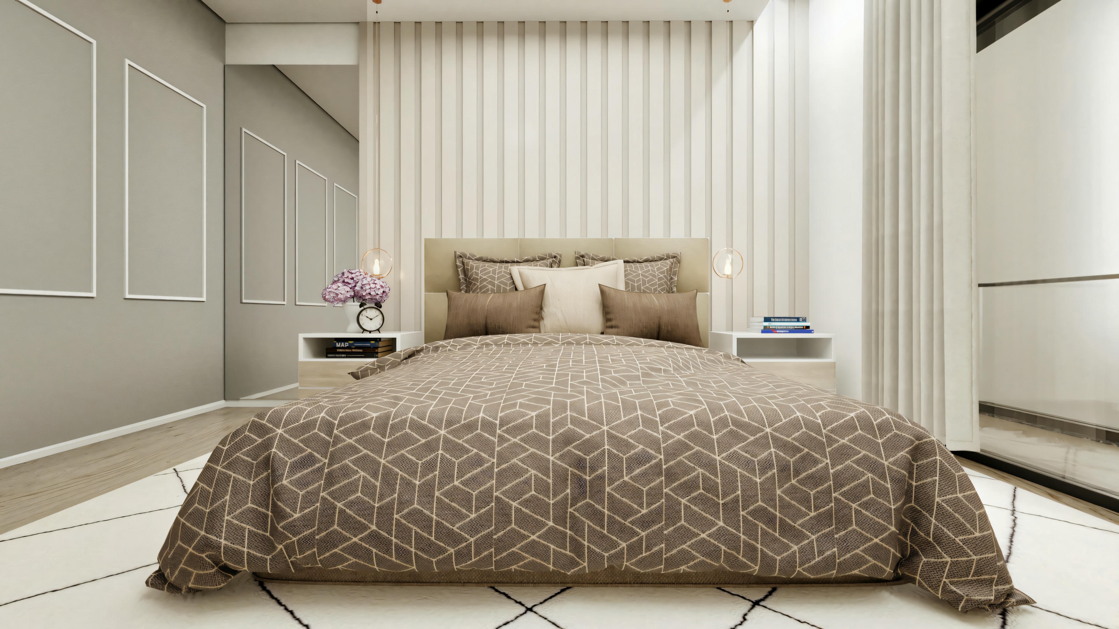 Interior de una de las 4 suites de una casa de planta baja moderna de 316.98m², con cama de matrimonio, cabecero con panel listonado blanco, y decoración contemporánea.