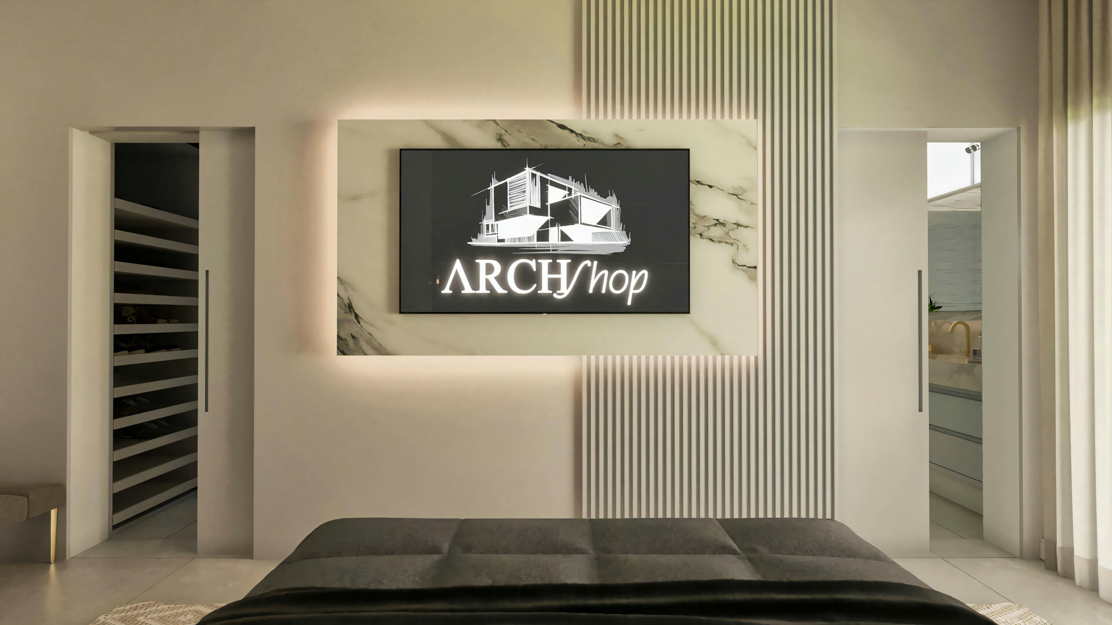 Detalle de la pared de la TV en la suite principal de esta planta de casa de una planta moderna con 3 habitaciones (203.67m²). Panel marmolado con TV e iluminación, listonado y accesos al closet y baño de la suite.
