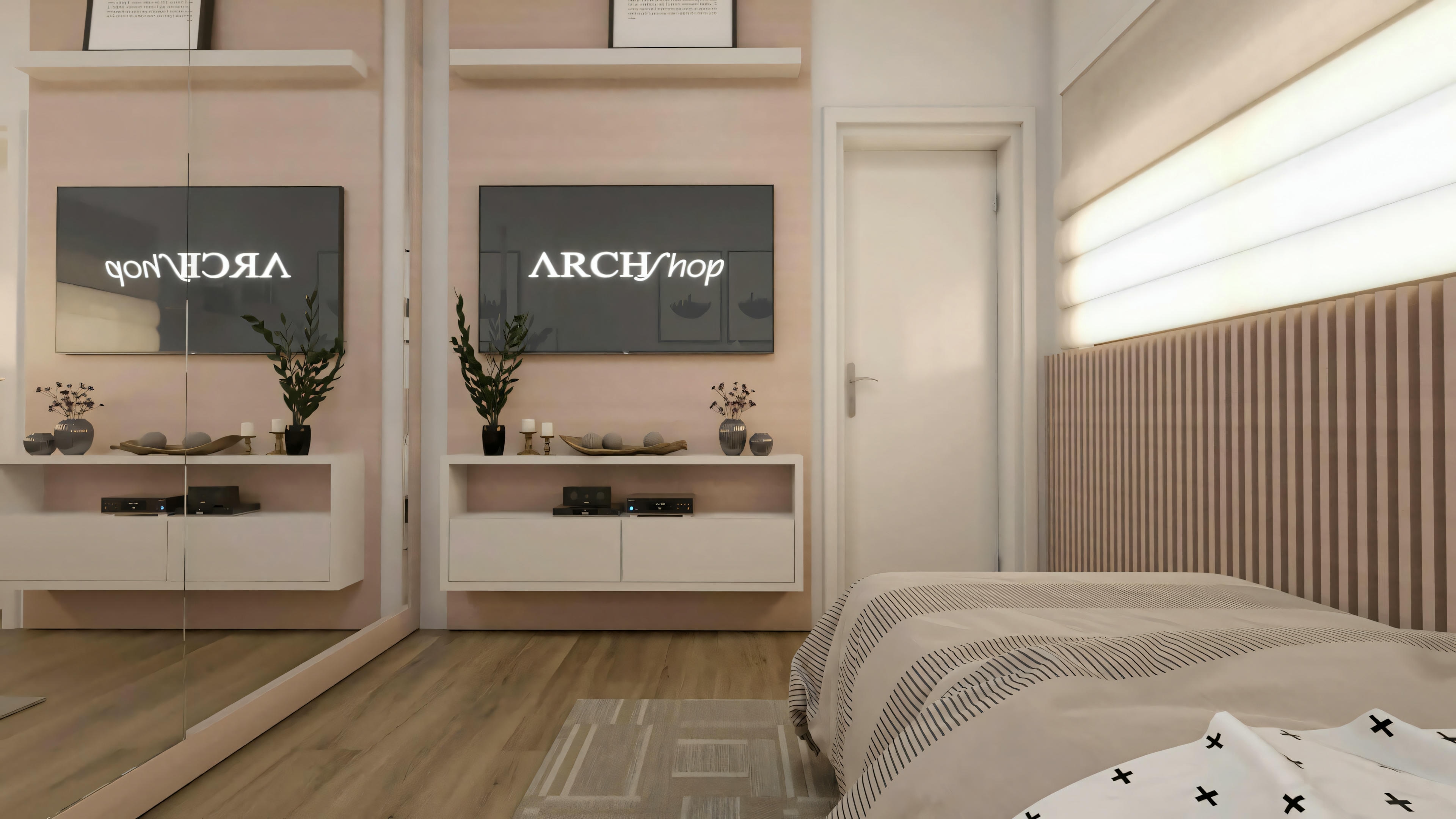 Layout of one of the 3 suites in the 10x25 two-story house (194.7m²), viewed from the side of the bed. Shows slatted panel, TV area with suspended rack, access door, and large wardrobe with mirrored door reflecting the decor.