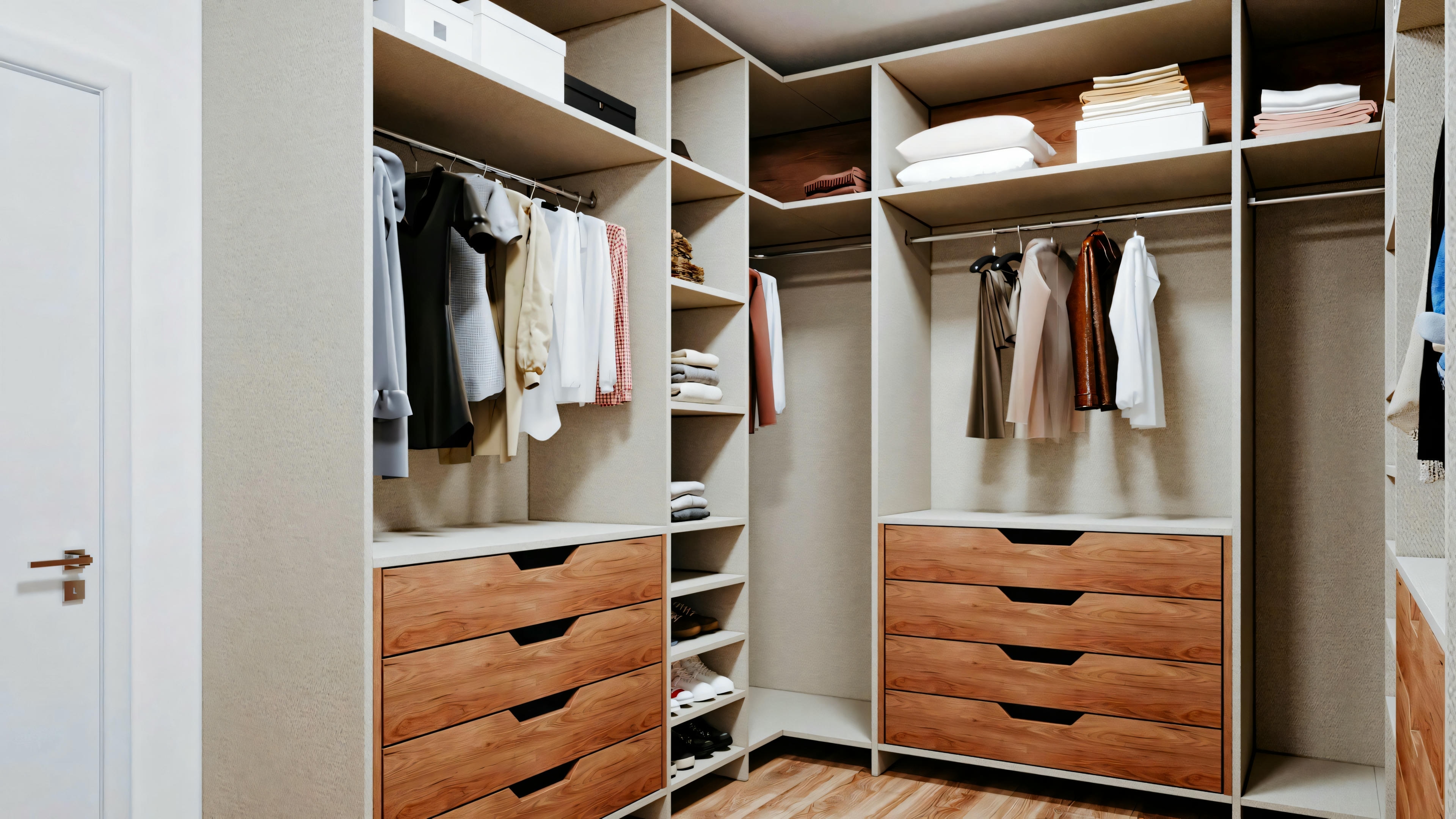 Un armario empotrado bien organizado con varios compartimentos, espacios para colgar ropa y cajones.