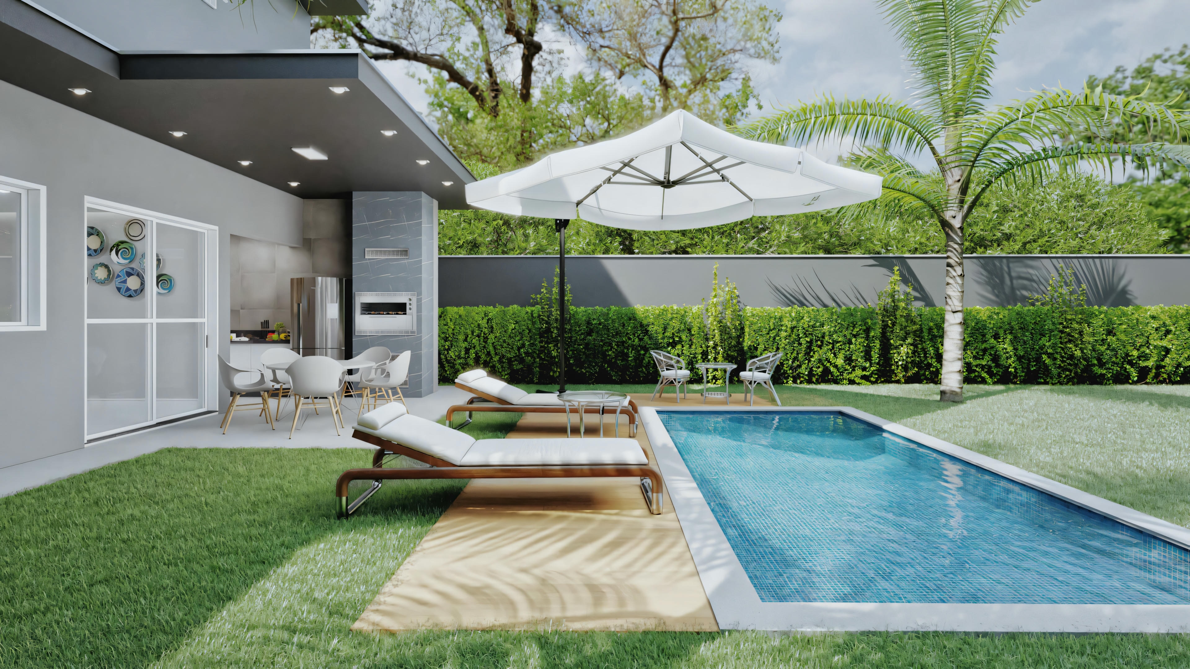 View of the backyard with a pool and surrounding garden.