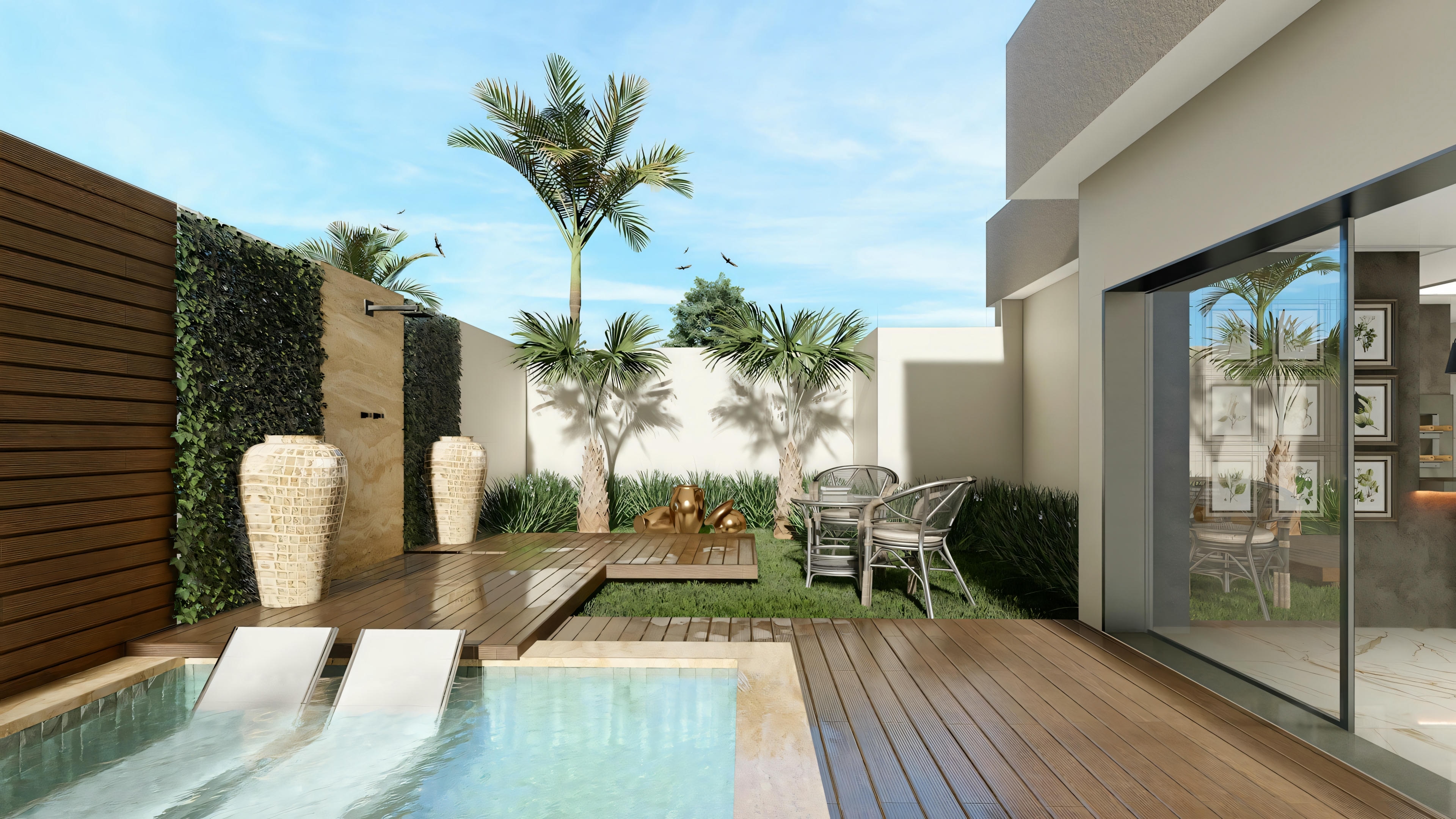 View of a backyard with a pool, wooden deck, and a modern house with glass doors.
