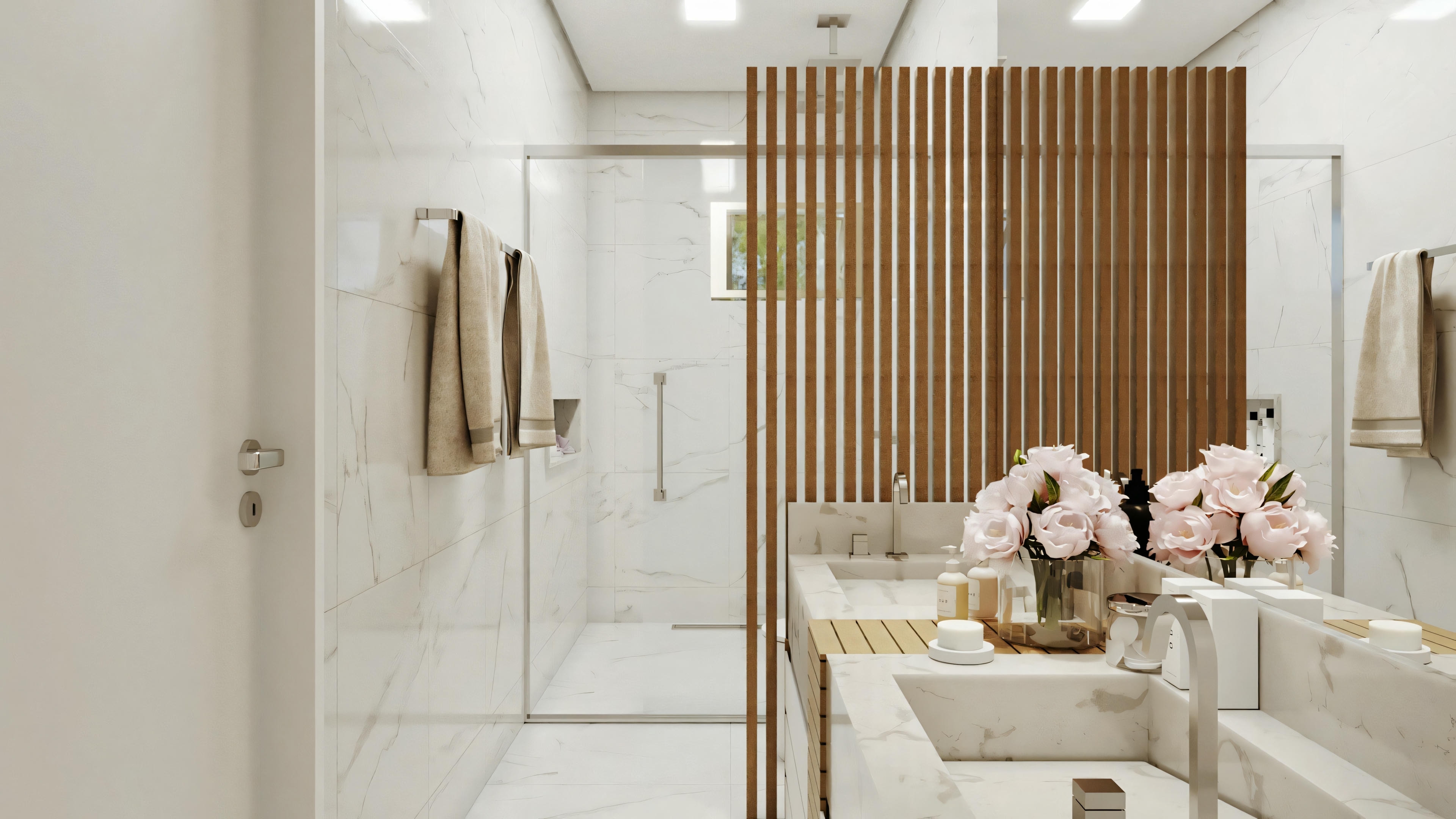 Un baño contemporáneo con detalles en madera, incluyendo un gran panel de madera detrás del área del lavabo, que cuenta con dos lavabos y espejos. Hay toallas y varios artículos de tocador organizados.