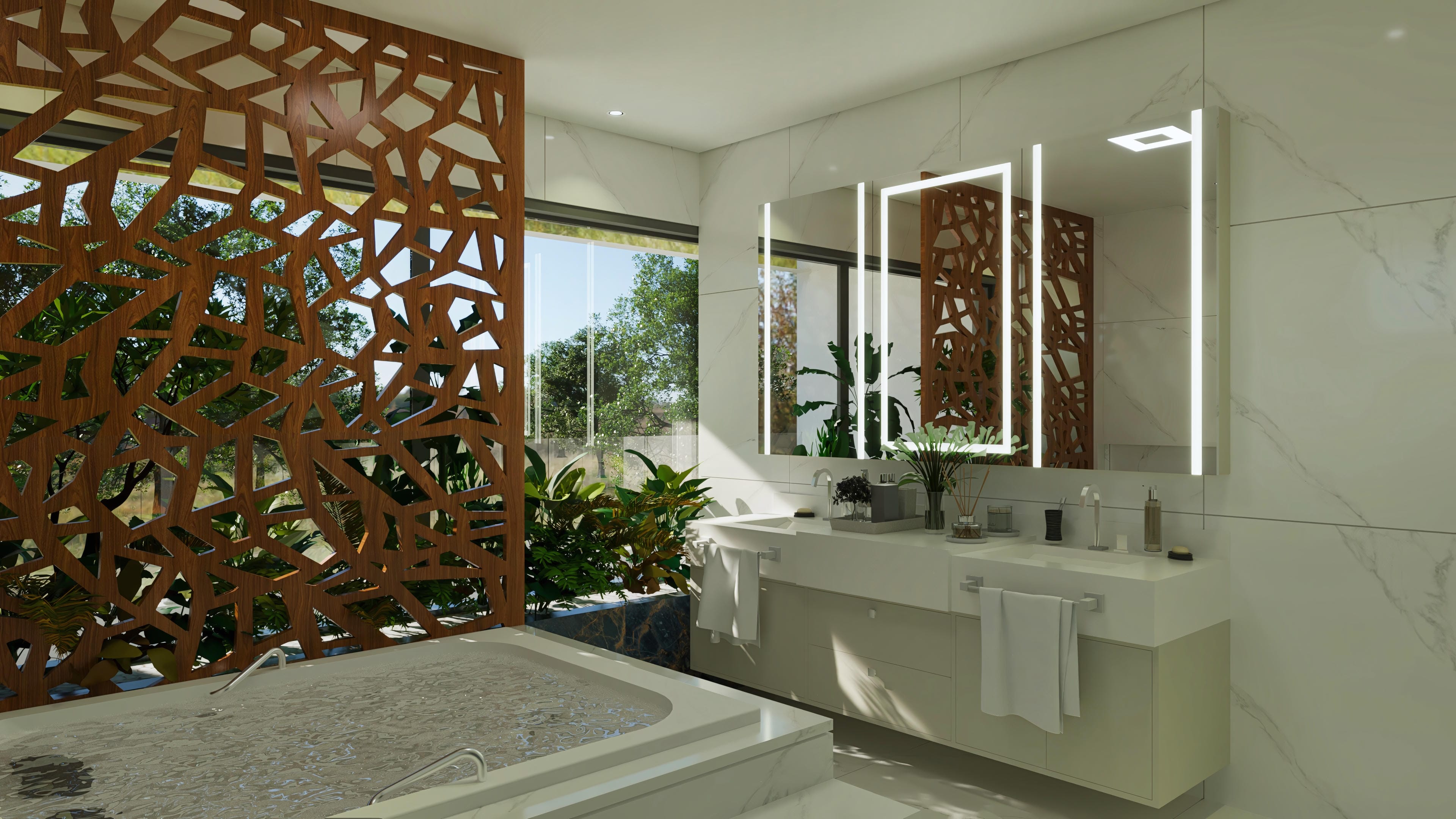 Baño lujoso con bañera, dos lavabos, espejos iluminados y un panel decorativo calado en madera con vista a zona verde.