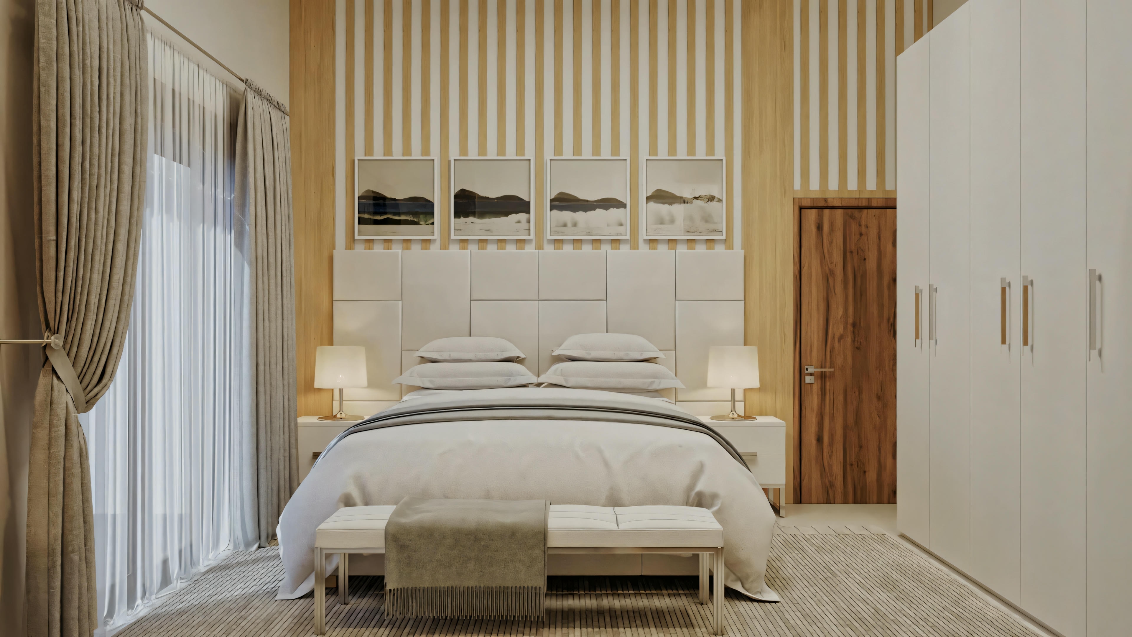 A bedroom with a bed, wardrobe, and modern decor. The bed has dark bedding, and there's a large wardrobe next to it.