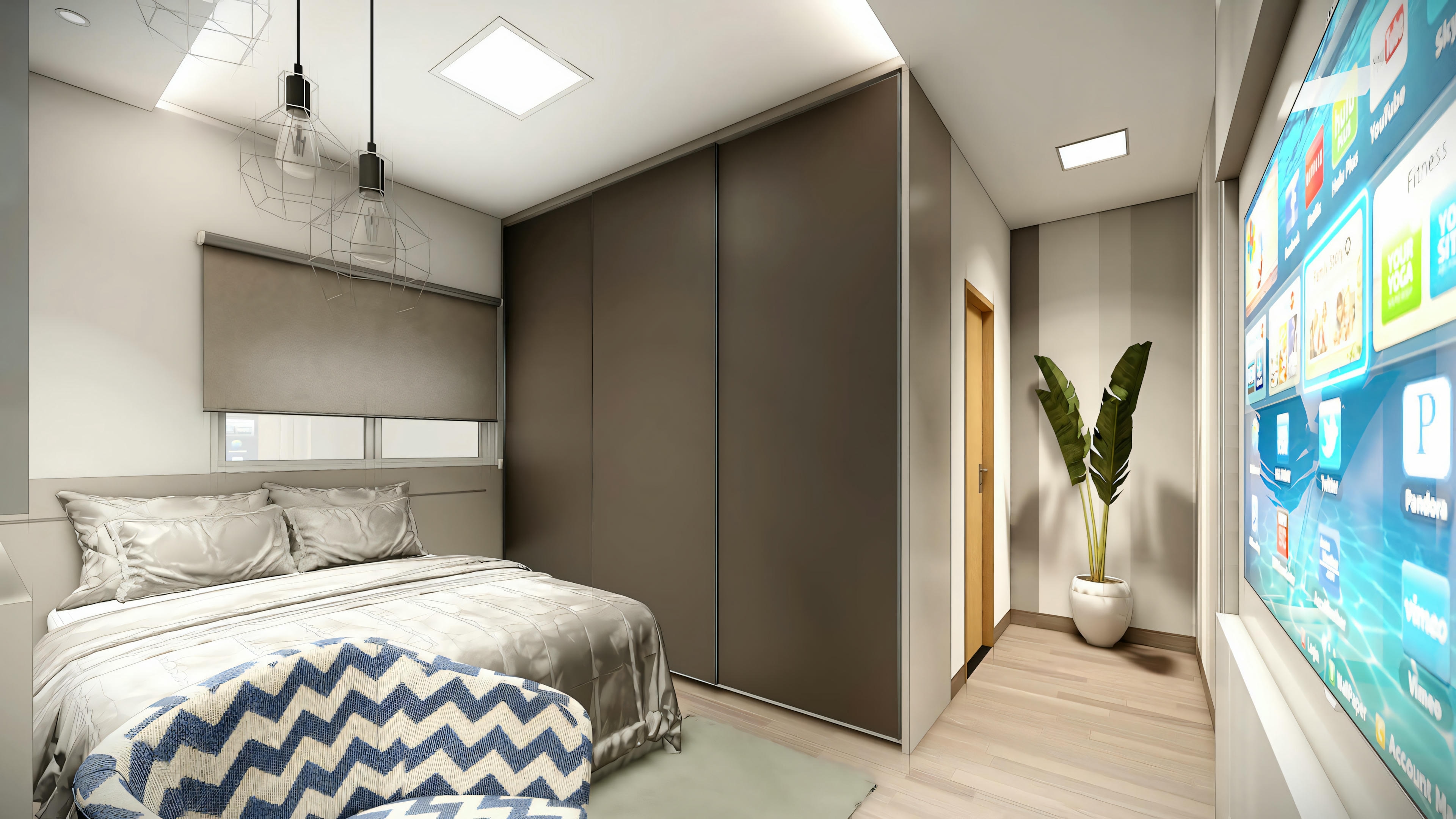 A bedroom with a large bed with patterned bedding, bedside tables with lamps, an armchair in the corner, and artwork on the wall.