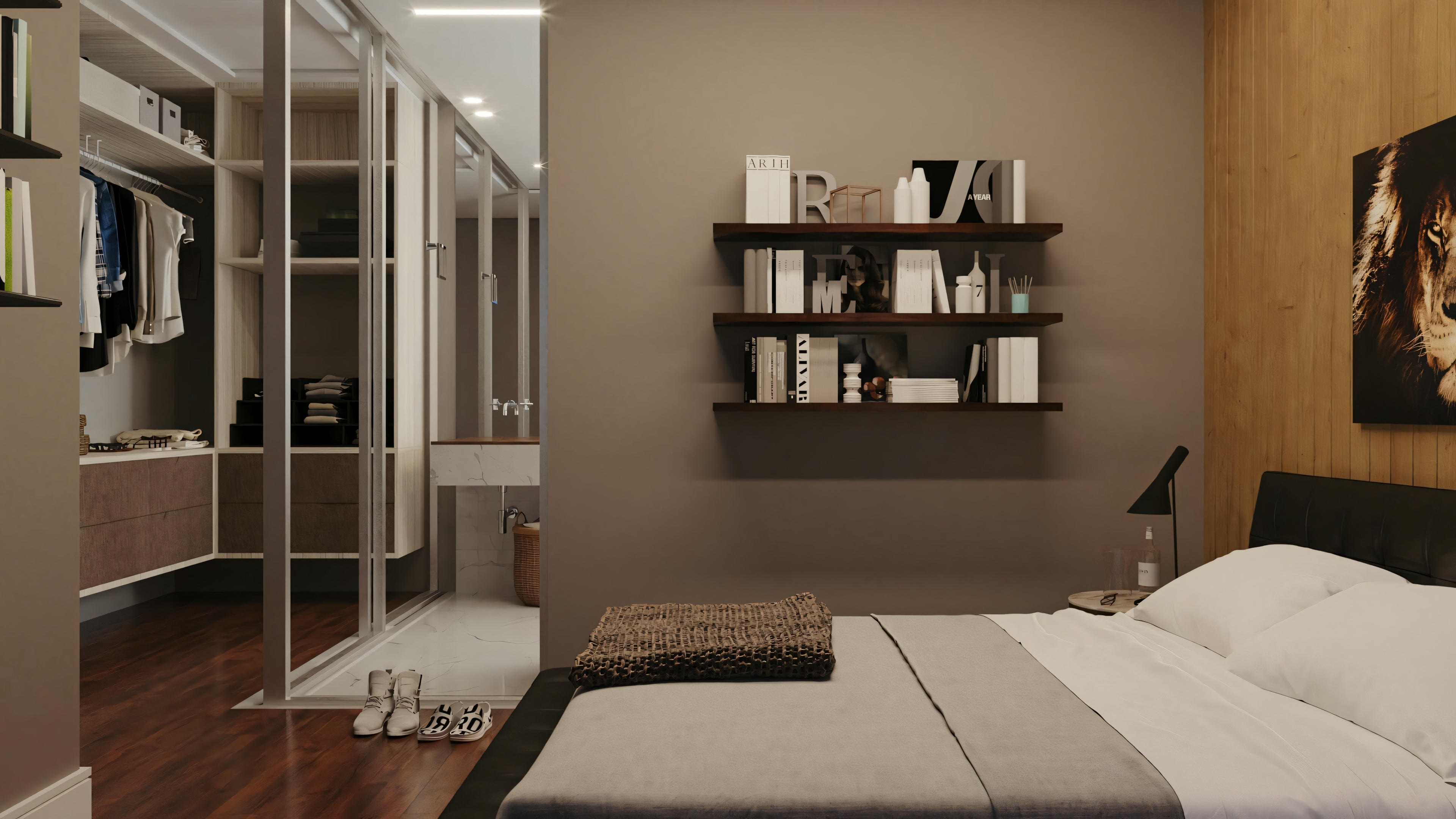 Bedroom with a light and airy aesthetic, featuring white bedding, white walls, wood flooring, and shelves.