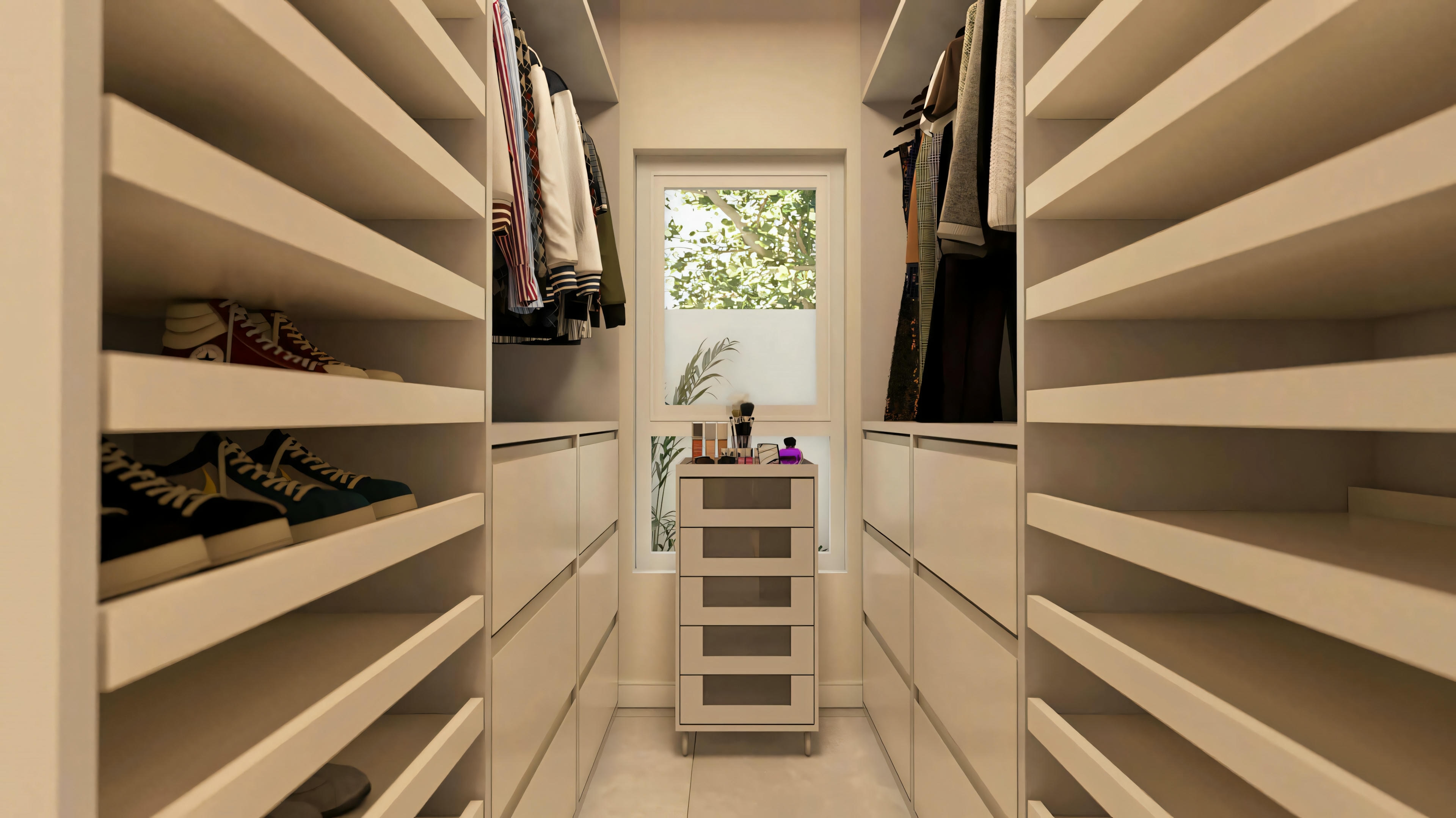 Foto del closet planificado de la suite principal, parte de un proyecto de casa de una planta moderna con 3 habitaciones (planta de 203.67m²). Amplio espacio con estanterías, cajones y área para ropa.