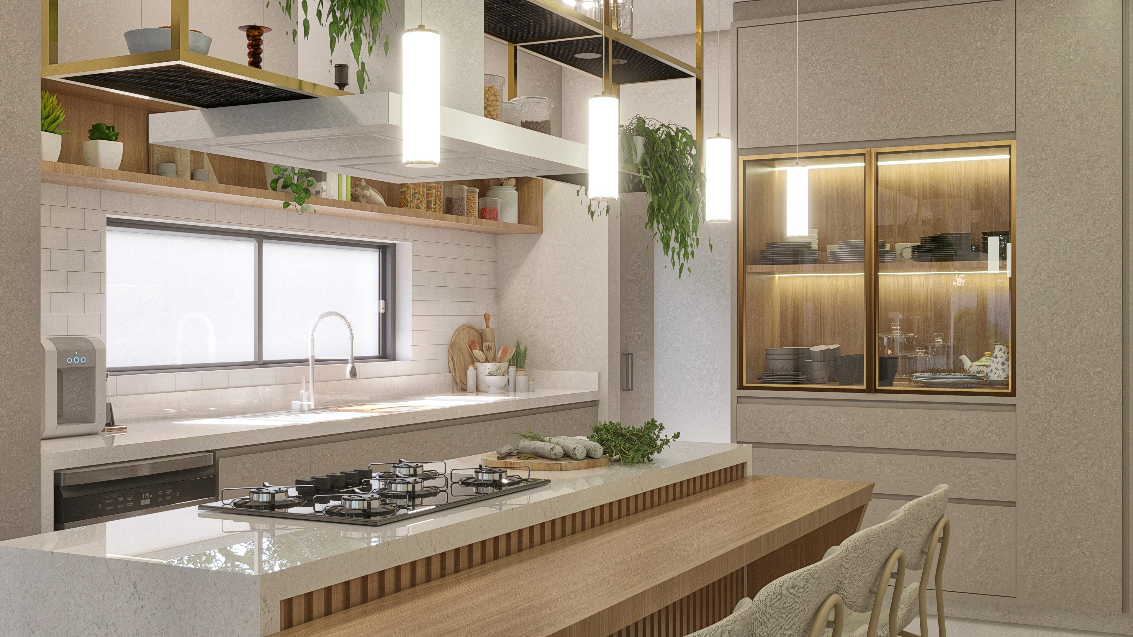 Cocina gourmet con encimera en piedra clara, fogón empotrado, armarios superiores e inferiores en tono neutro, isla con acabado en madera y sillas.