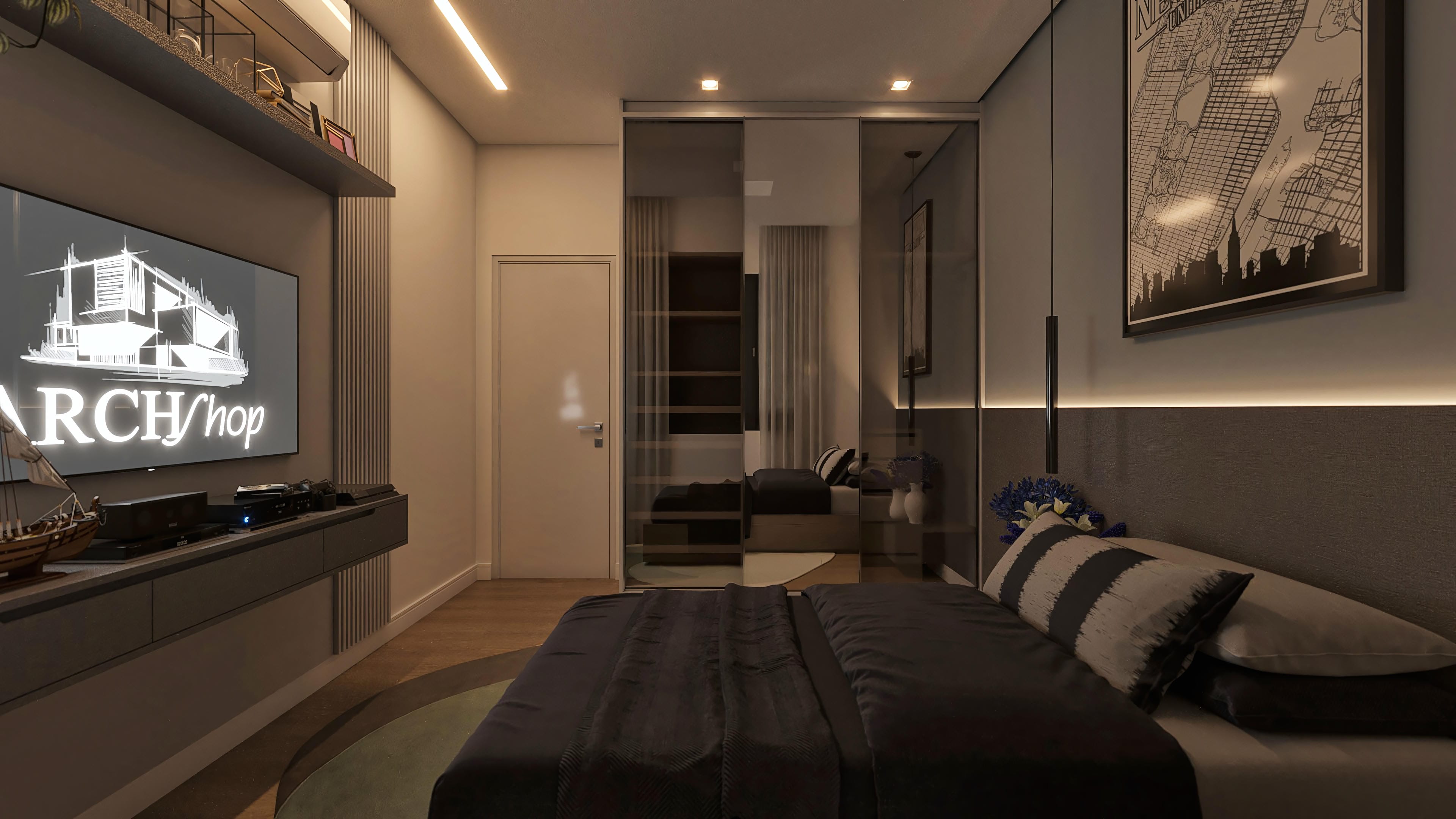 Interior of a house with a double bed featuring dark bedding and decorative pillows. Beside it, a mirrored cabinet and a modern TV panel with decorative elements.