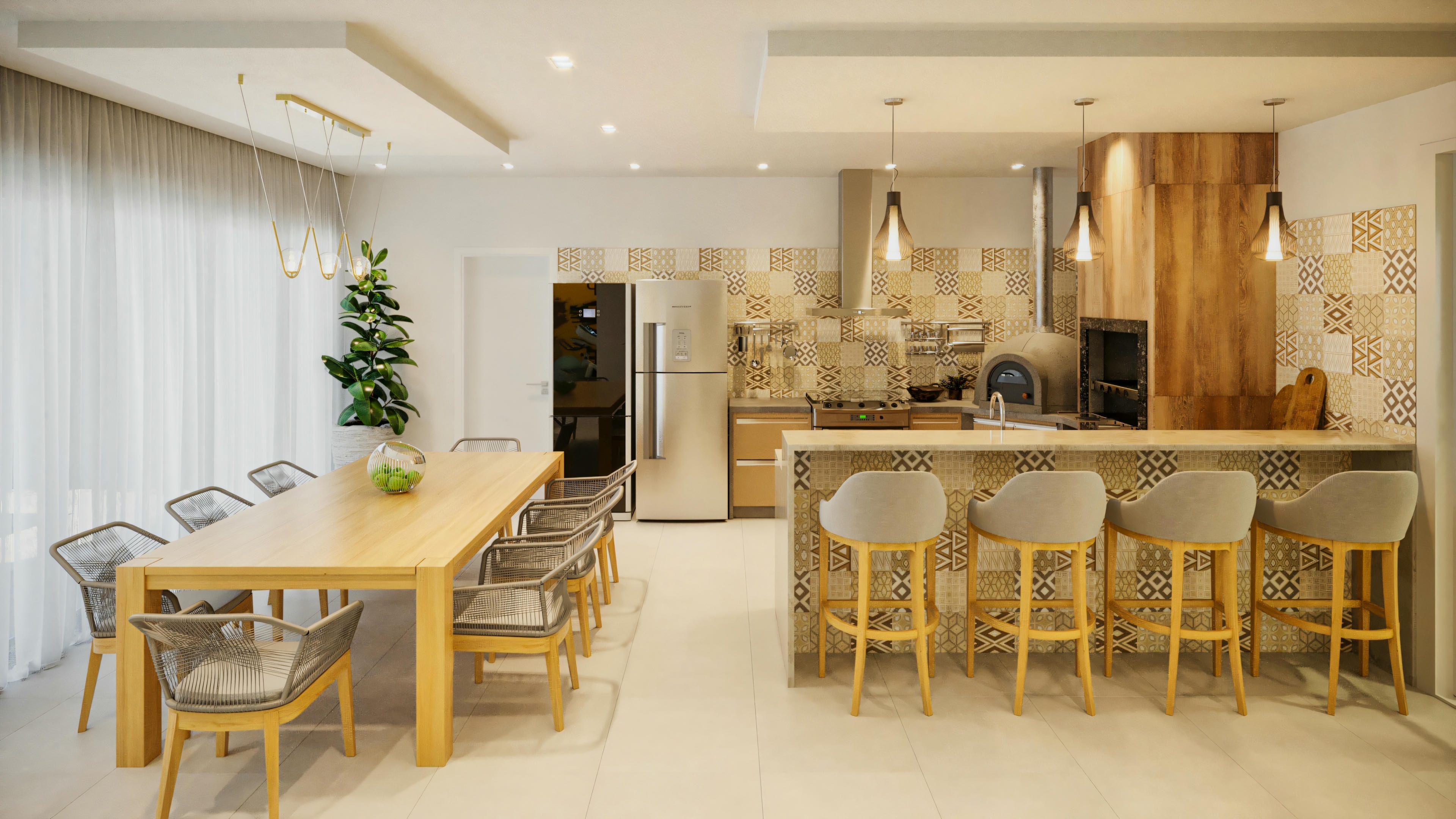 Spacious gourmet area with barbecue and oven, countertop with bar stools, integrated with dining room with wooden table, in a single-story house with 3 suites and pool.