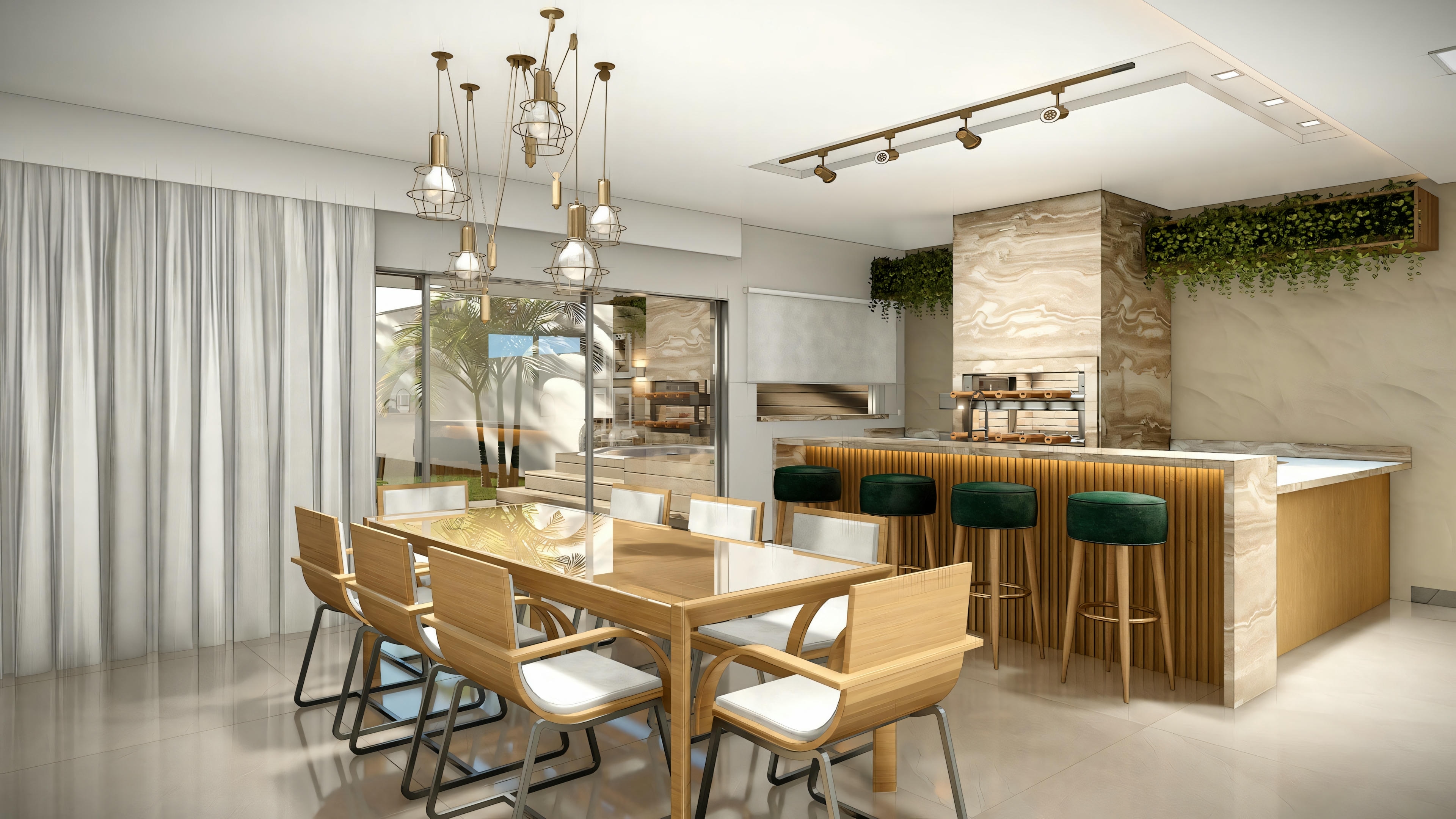 Uma cozinha moderna com eletrodomésticos de última geração e uma ilha central com bancos altos.