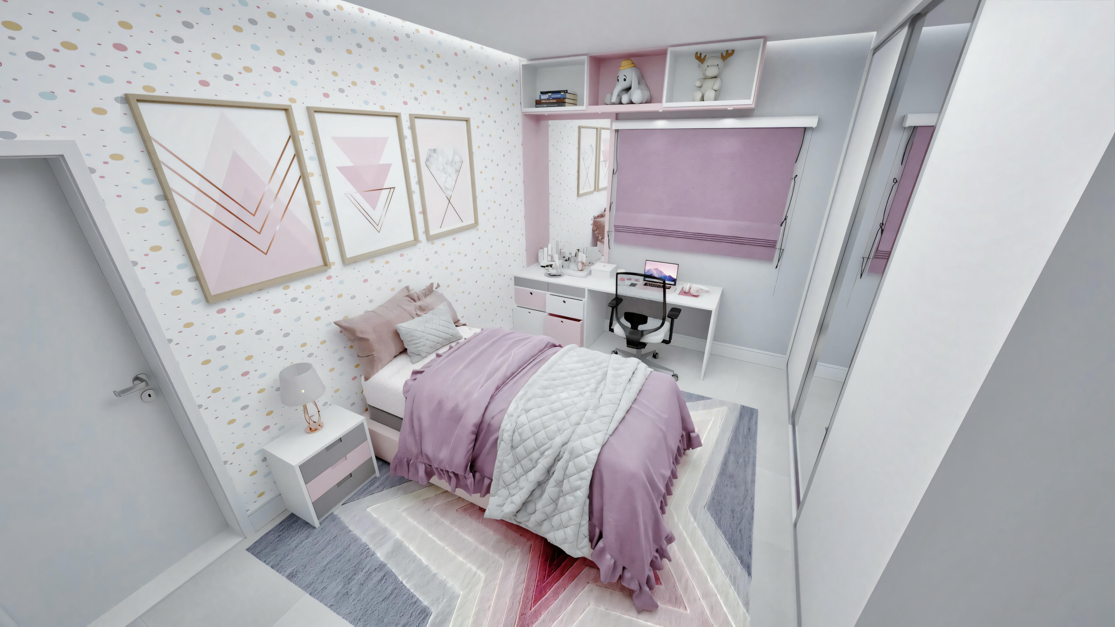 A cozy bedroom with pink accents, including bed linen and wall art, with a bed pushed against the wall.