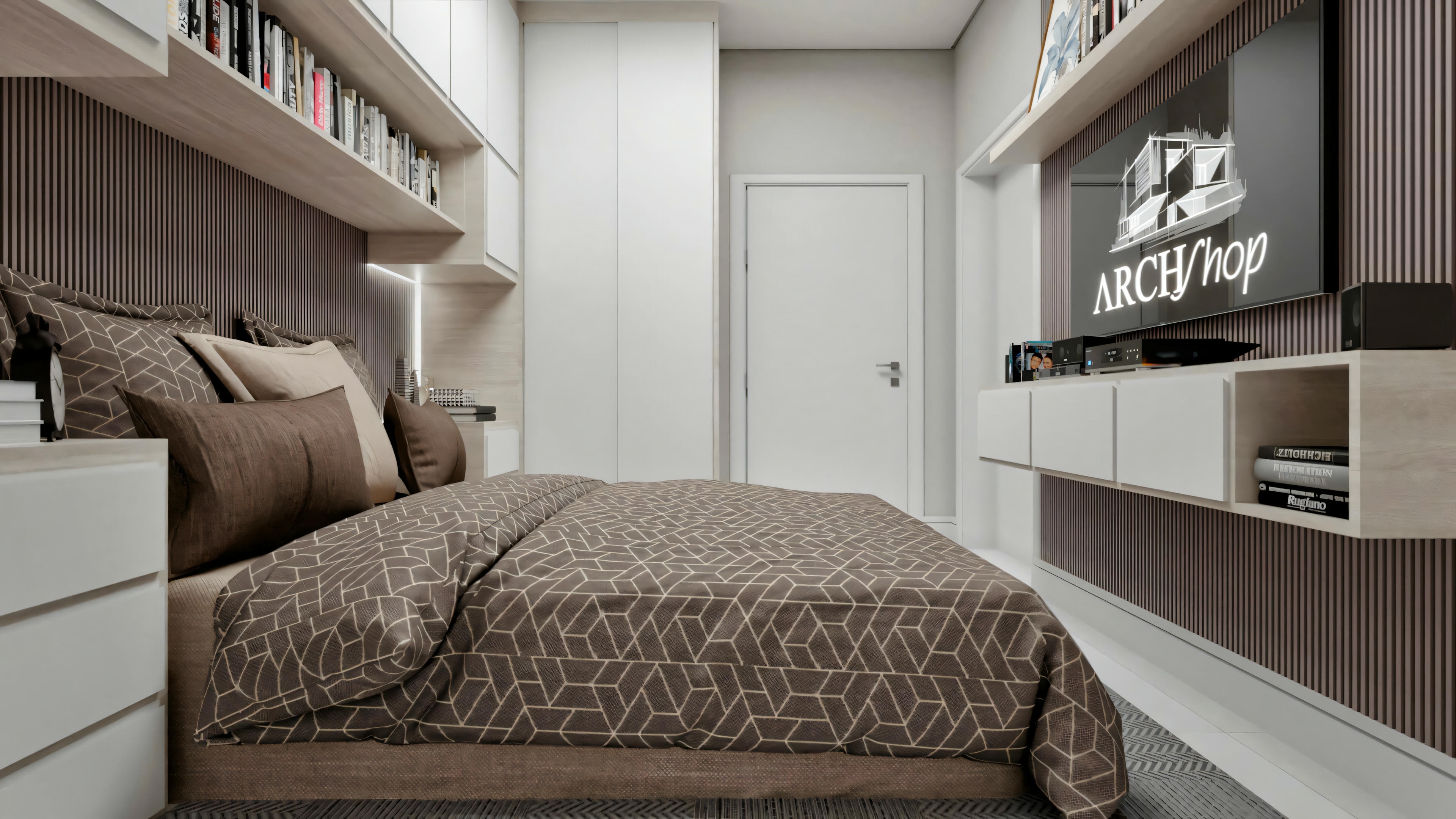 Cozy bedroom with shelves above the bed and warm lighting.