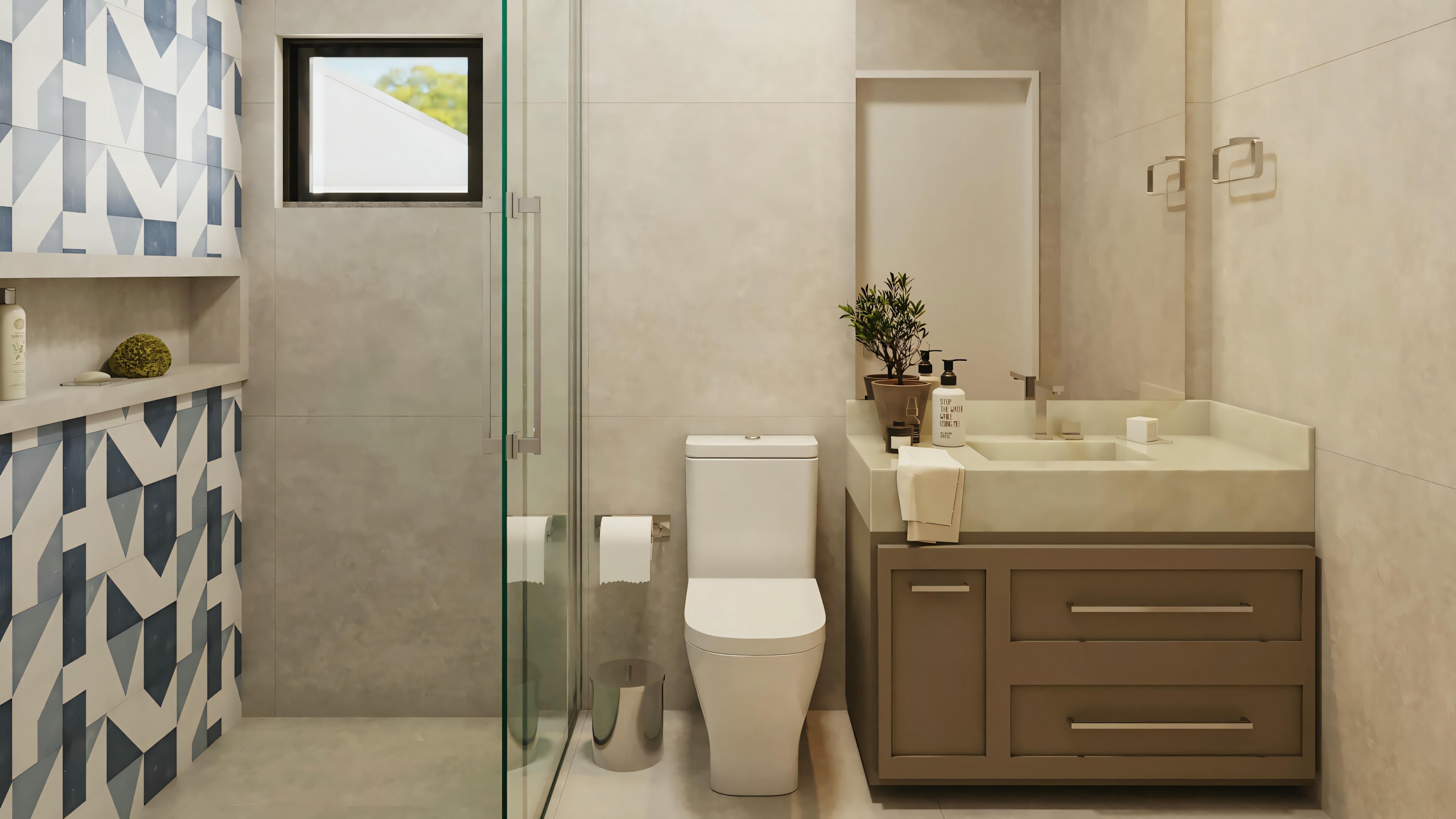 Cuarto de baño con accesorios modernos y líneas limpias.